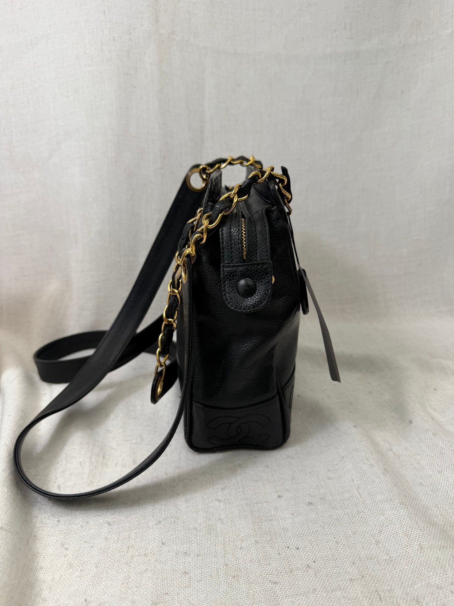 Chanel Black Caviar Leather Small Triple Coco Tote Bag