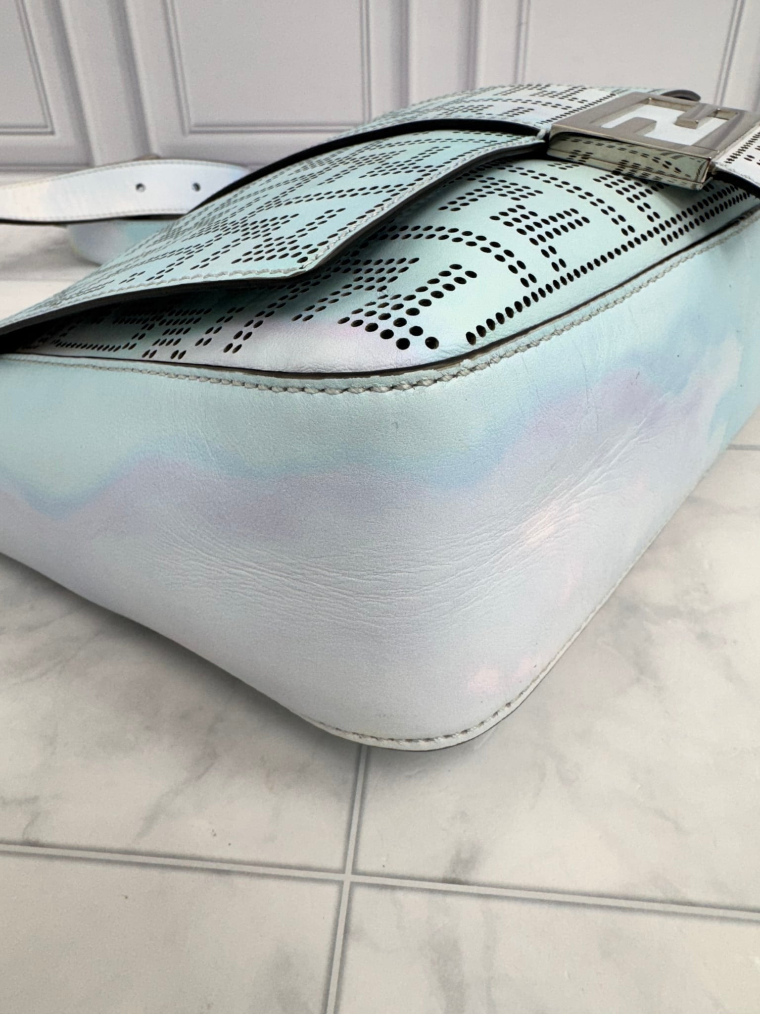 Fendi Baby Blue Tie Dye Perforated Zucca Leather Baguette Medium Messenger Bag