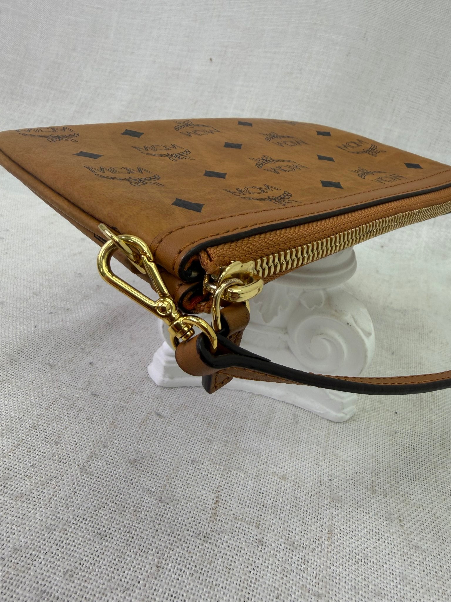 MCM Cognac Coated Canvas Mini Pochette