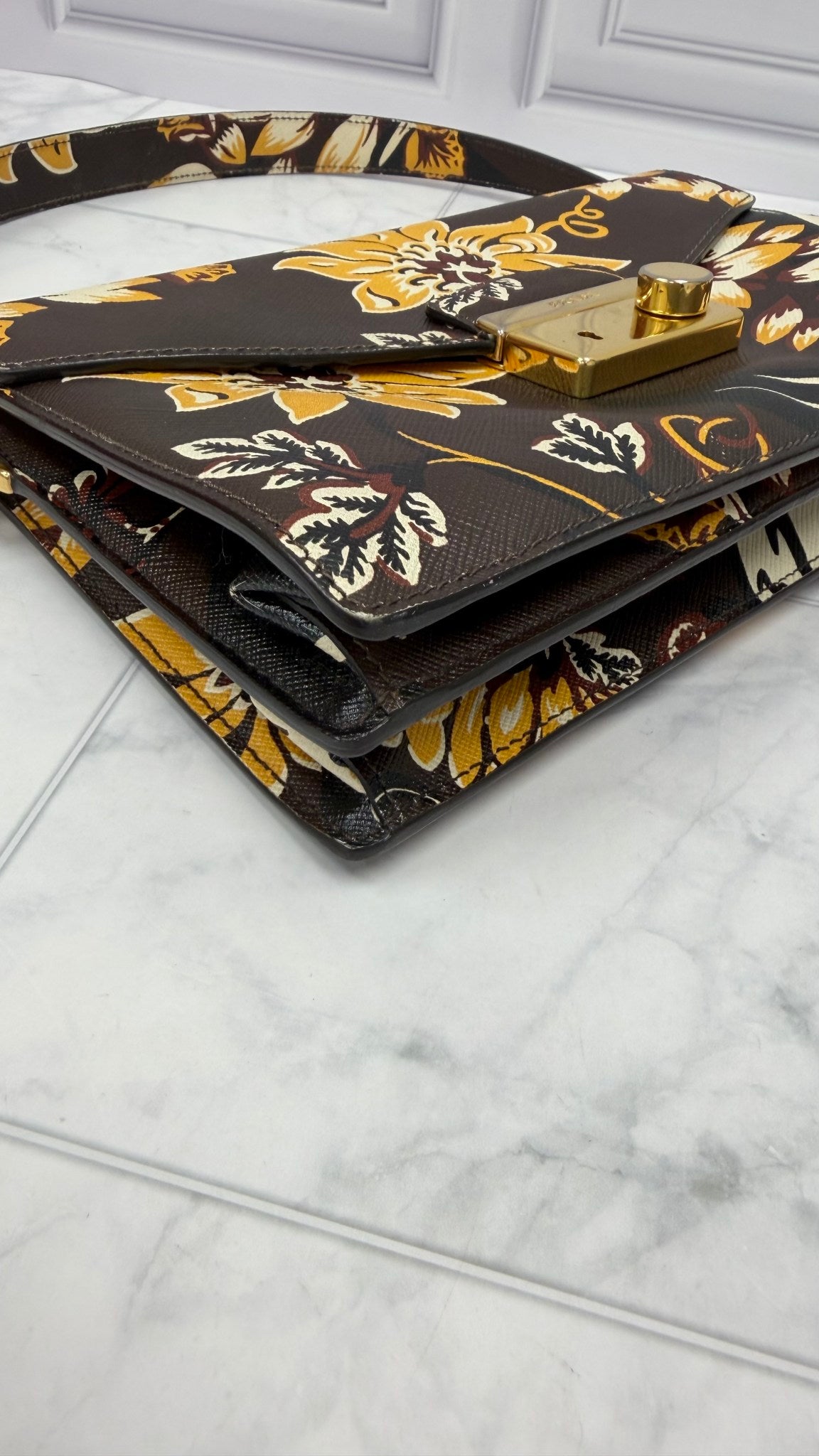 Prada Brown & Yellow Printed Floral Saffiano Leather Shoulder Bag