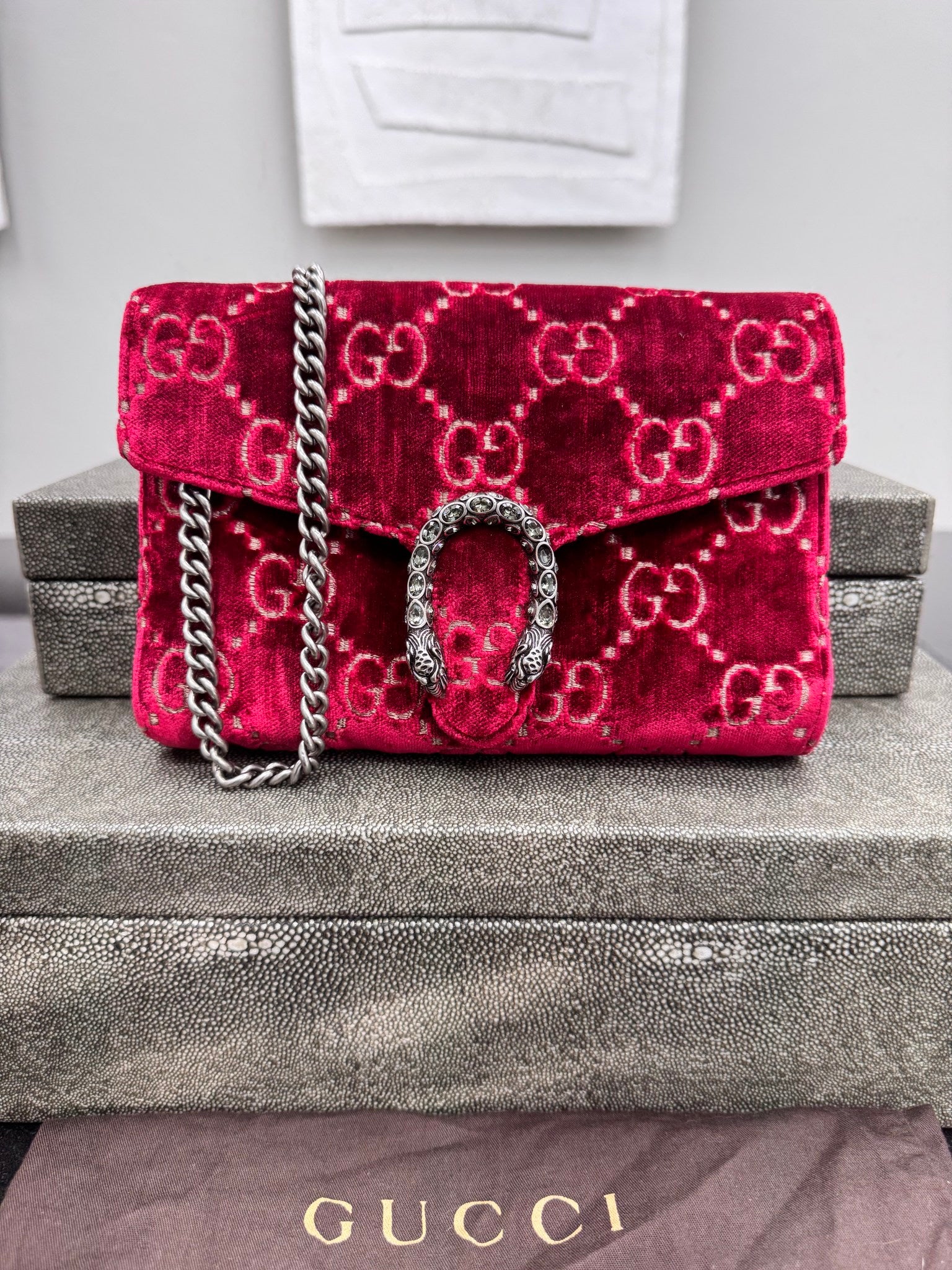 Gucci Red Velvet Dionysus Super Mini Wallet On A Chain