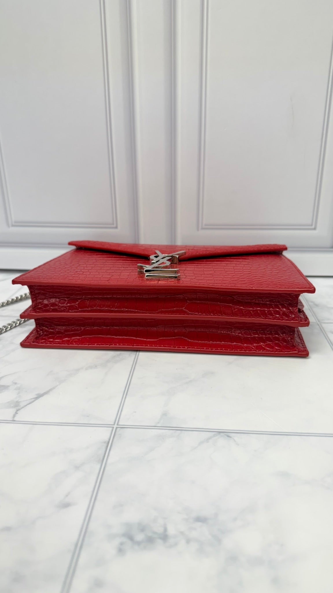 Saint Laurent YSL Red Croc Embossed Leather Cassandra Chain Bag
