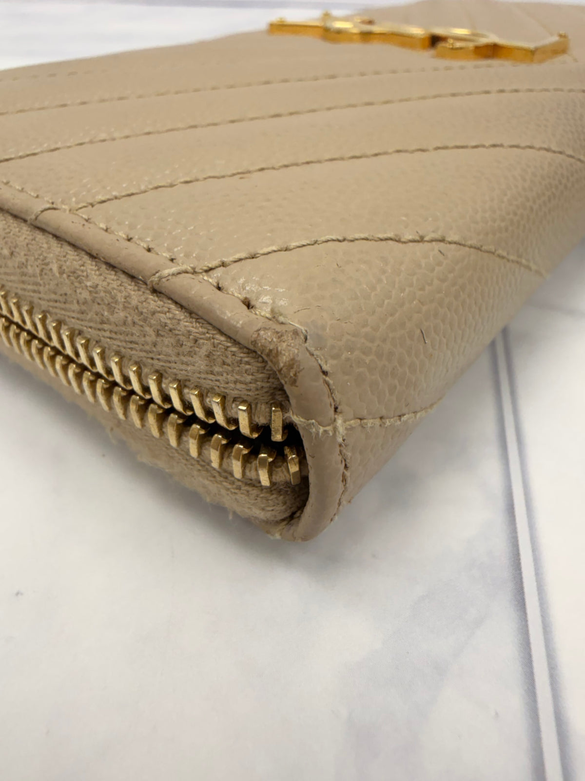 Saint Laurent YSL Tan Grained Calfskin Cassandre Matelasse Zip Around Wallet