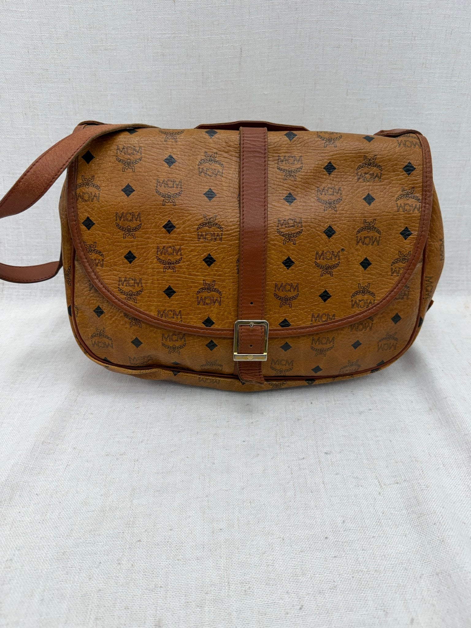MCM Cognac Visetos Leather Messenger Bag