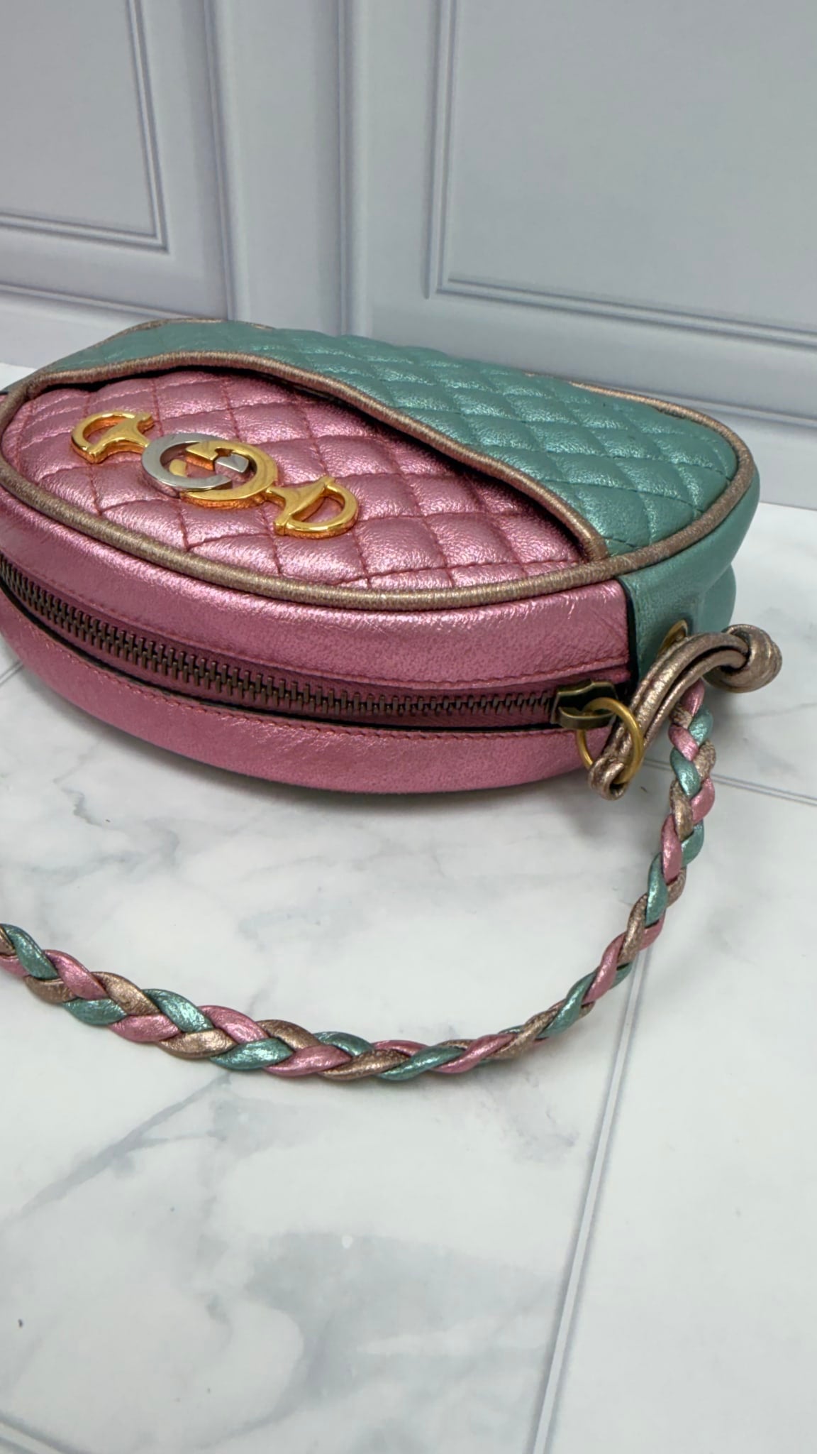 Gucci Teal & Pink Quilted Metallic Leather Mini Zumi Dome Crossbody