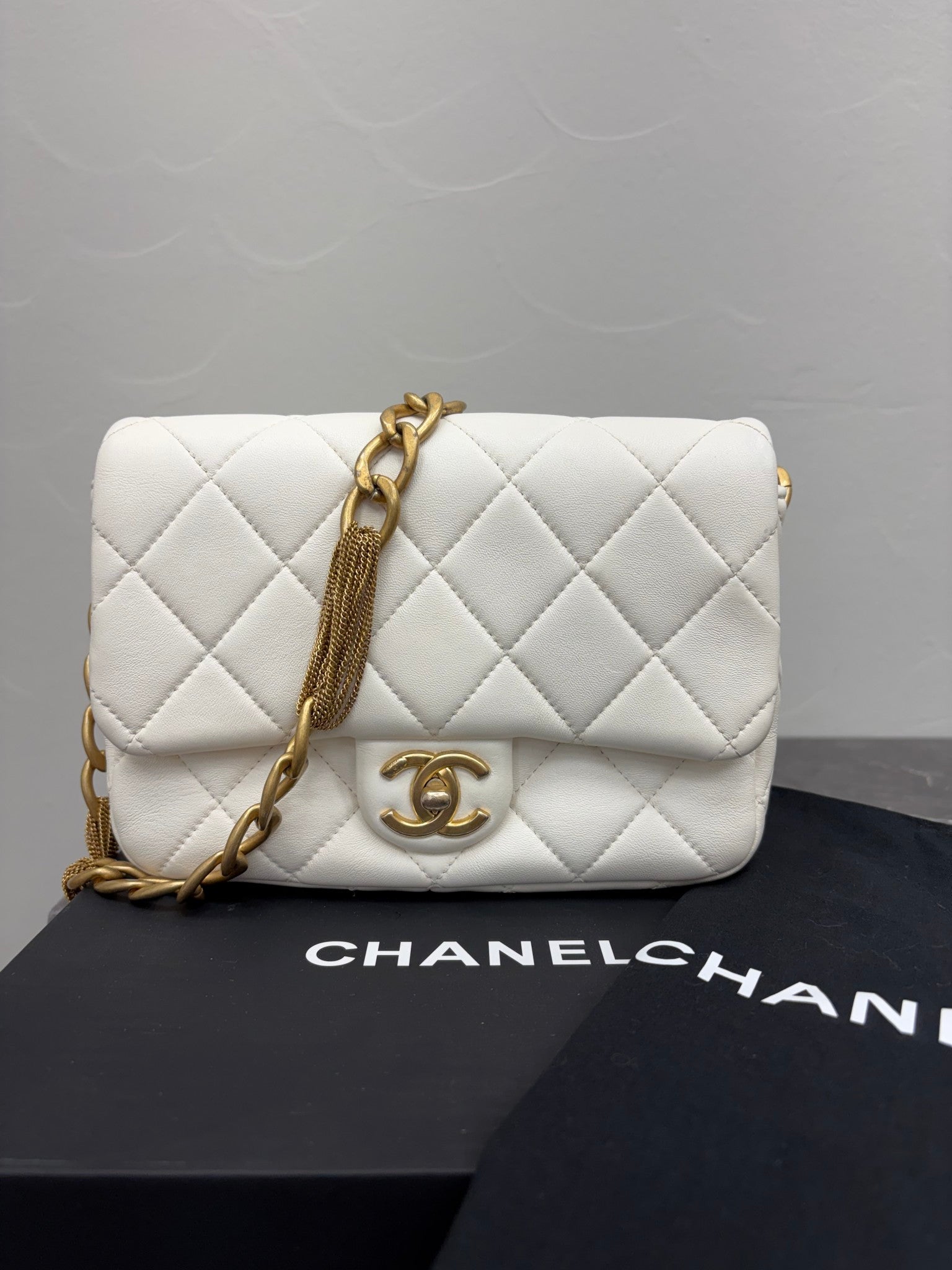 Chanel White Quilted Lambskin Mini Rectangular Flap