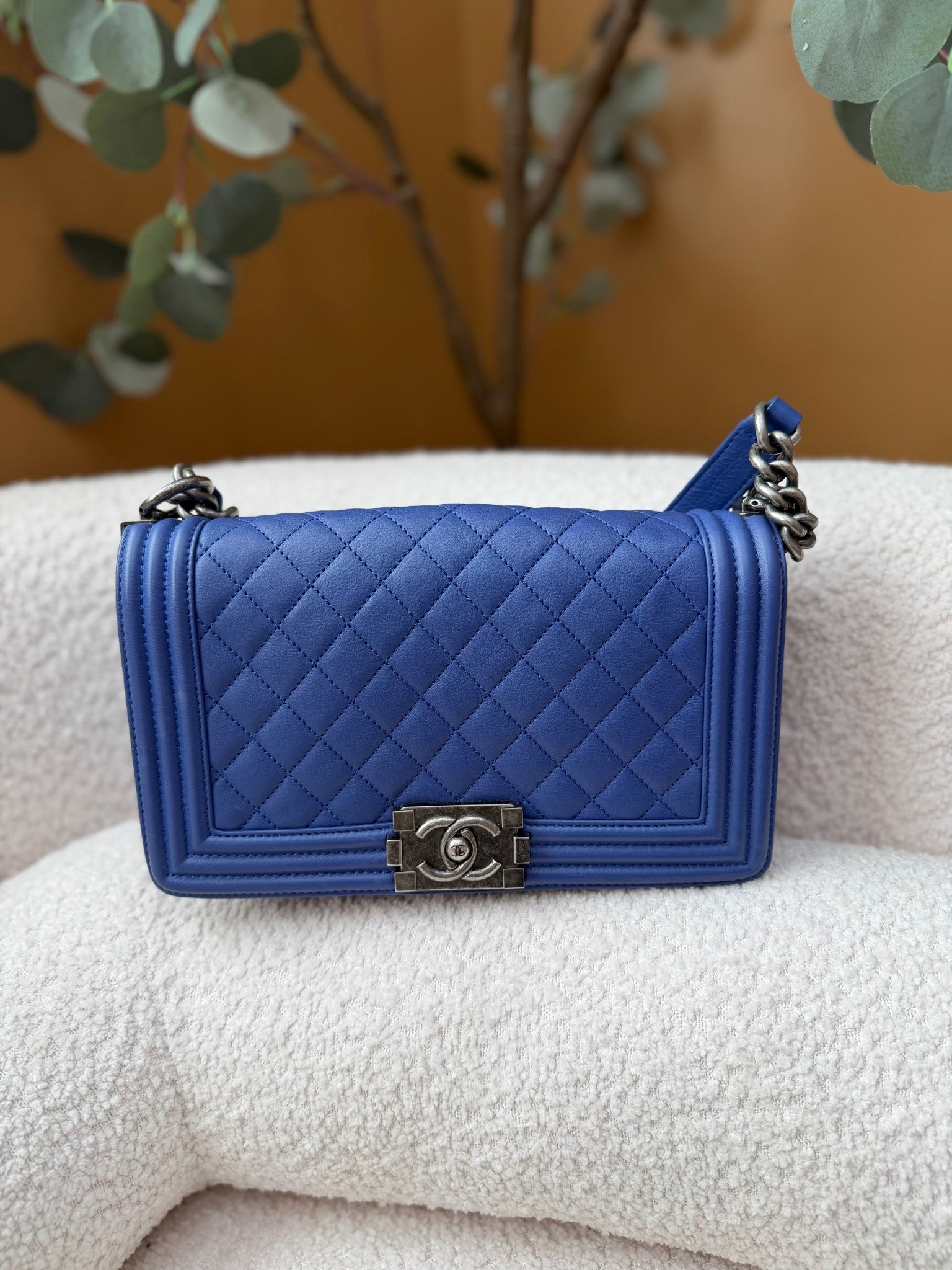 Chanel Blue Calfskin Medium Boy Bag