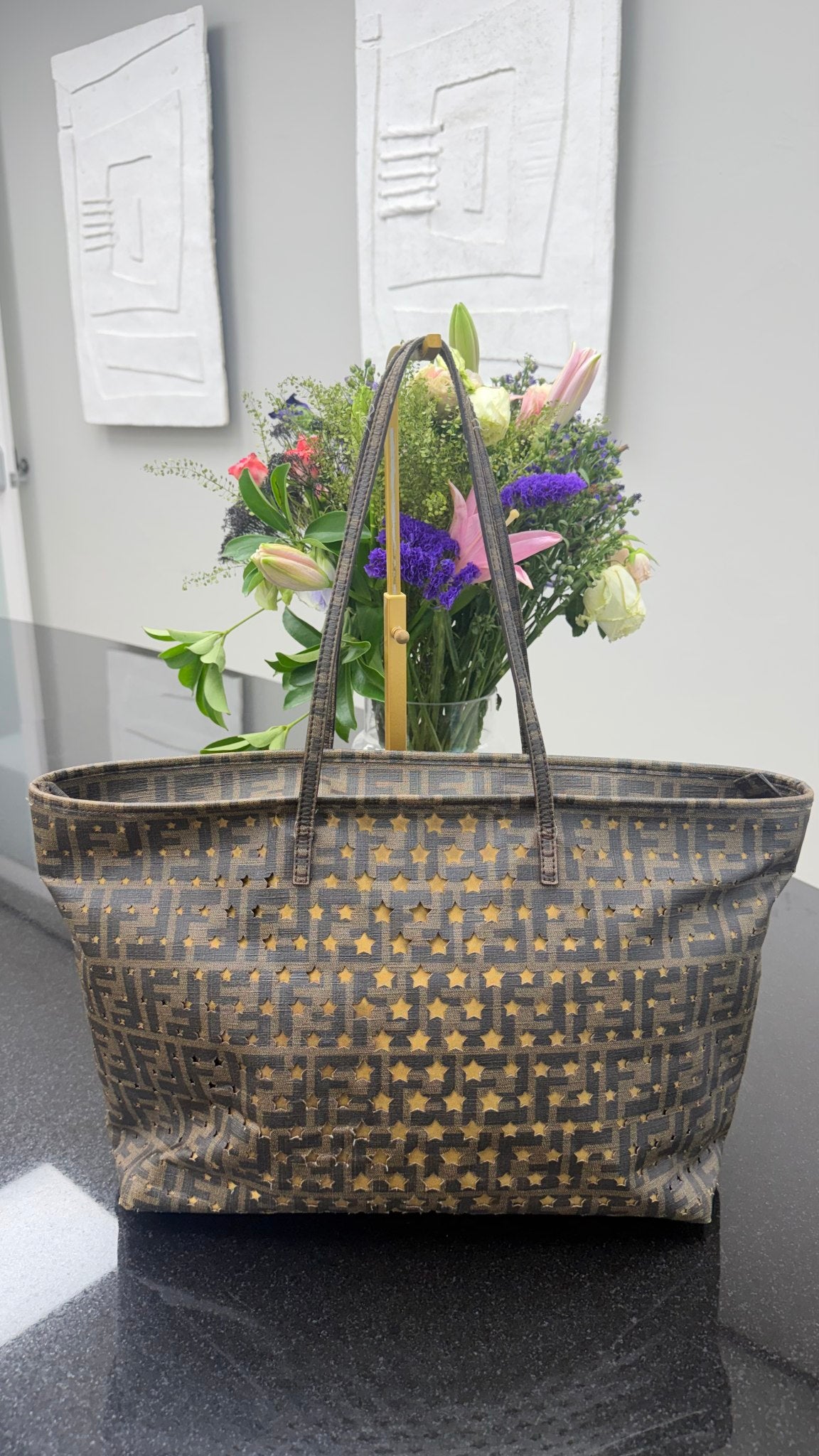 Fendi Brown Canvas Star Perforated Tote Bag