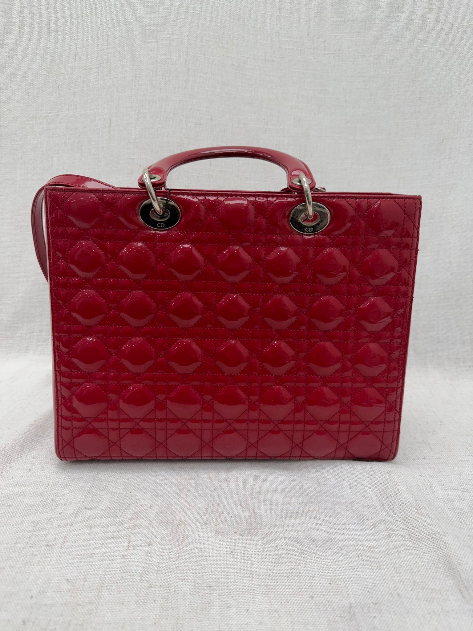 Christian Dior Dark Red Cannage Patent Leather Large Lady Dior Handbag