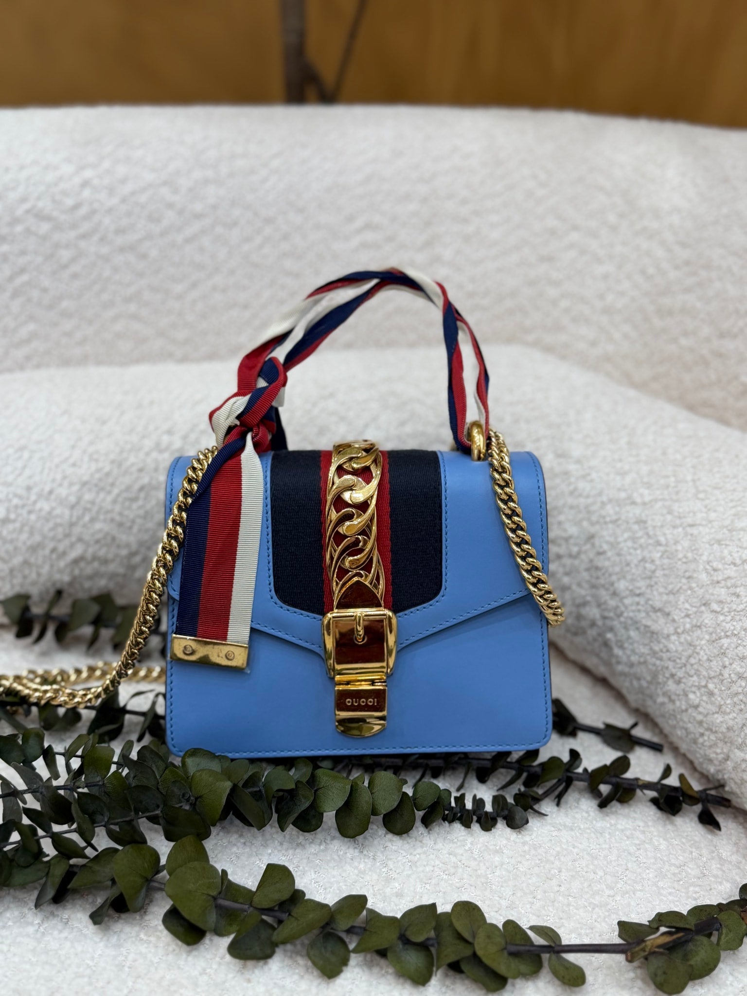 Gucci Blue Calfskin Sylvie Mini Chain Bag