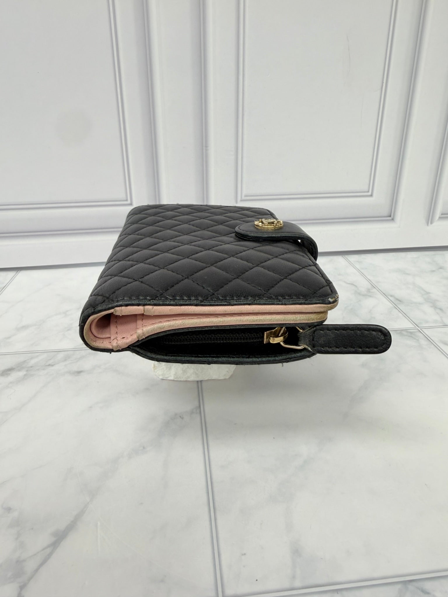Chanel Black And Pink Lambskin Quilted French Wallet