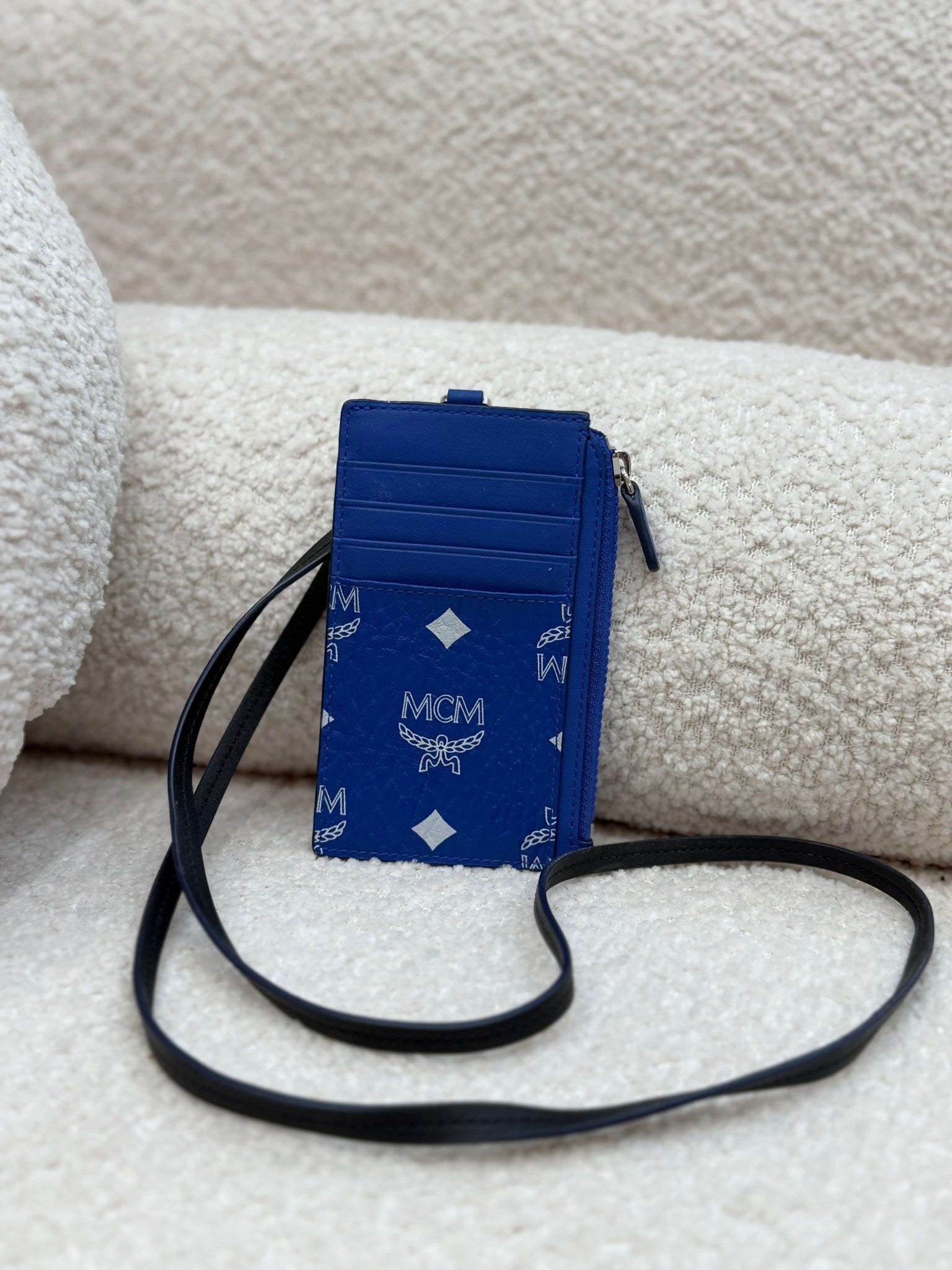 MCM Blue Leather Aren Lanyard ID Wallet