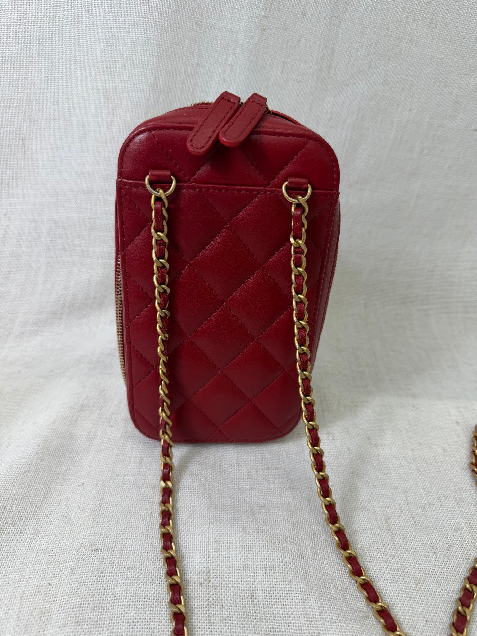 Chanel Red Quilted Lambskin Leather Chain Phone Holder