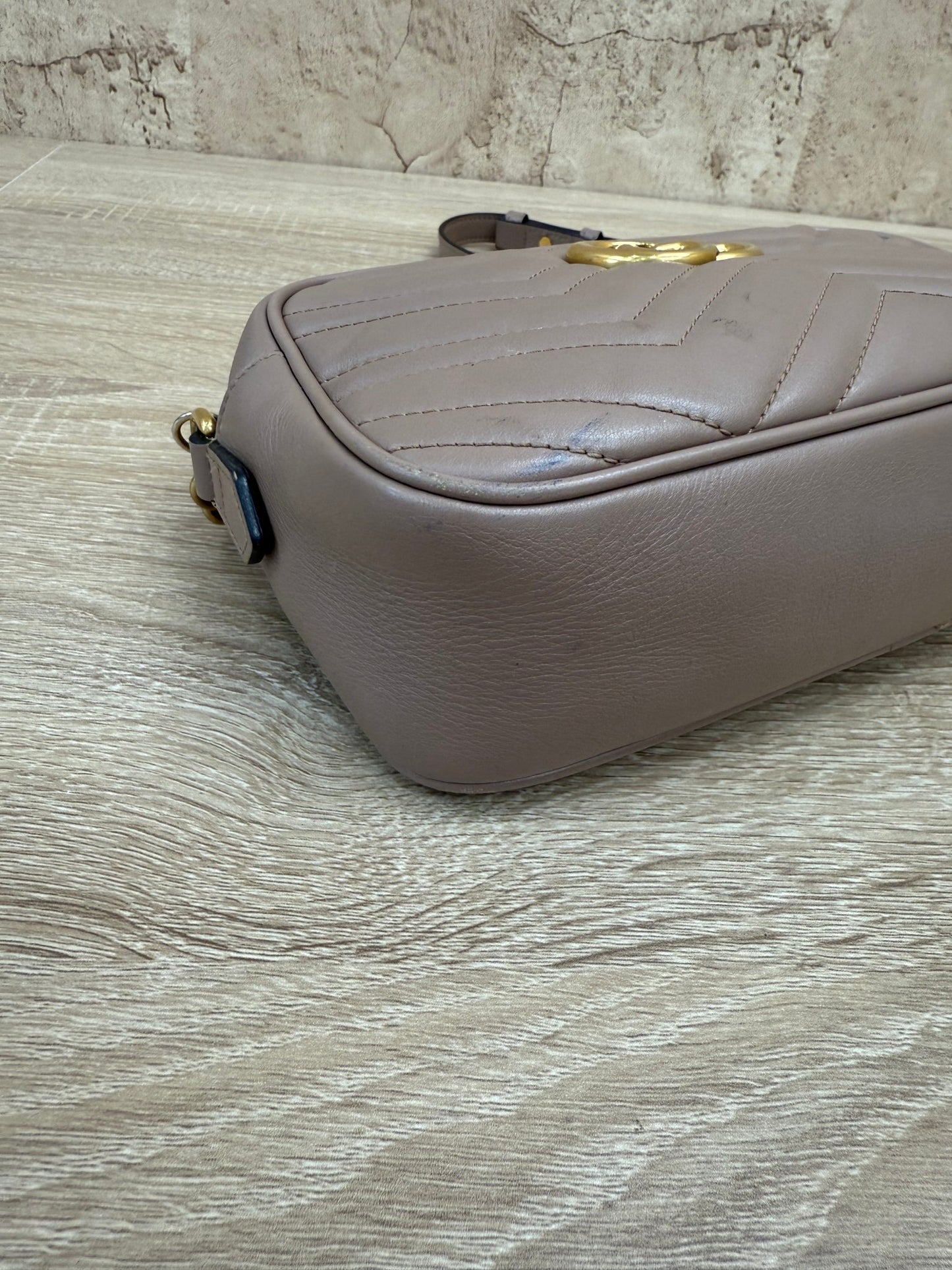 Gucci Porcelain Rose Calfskin Small Marmont Chain Shoulder Bag