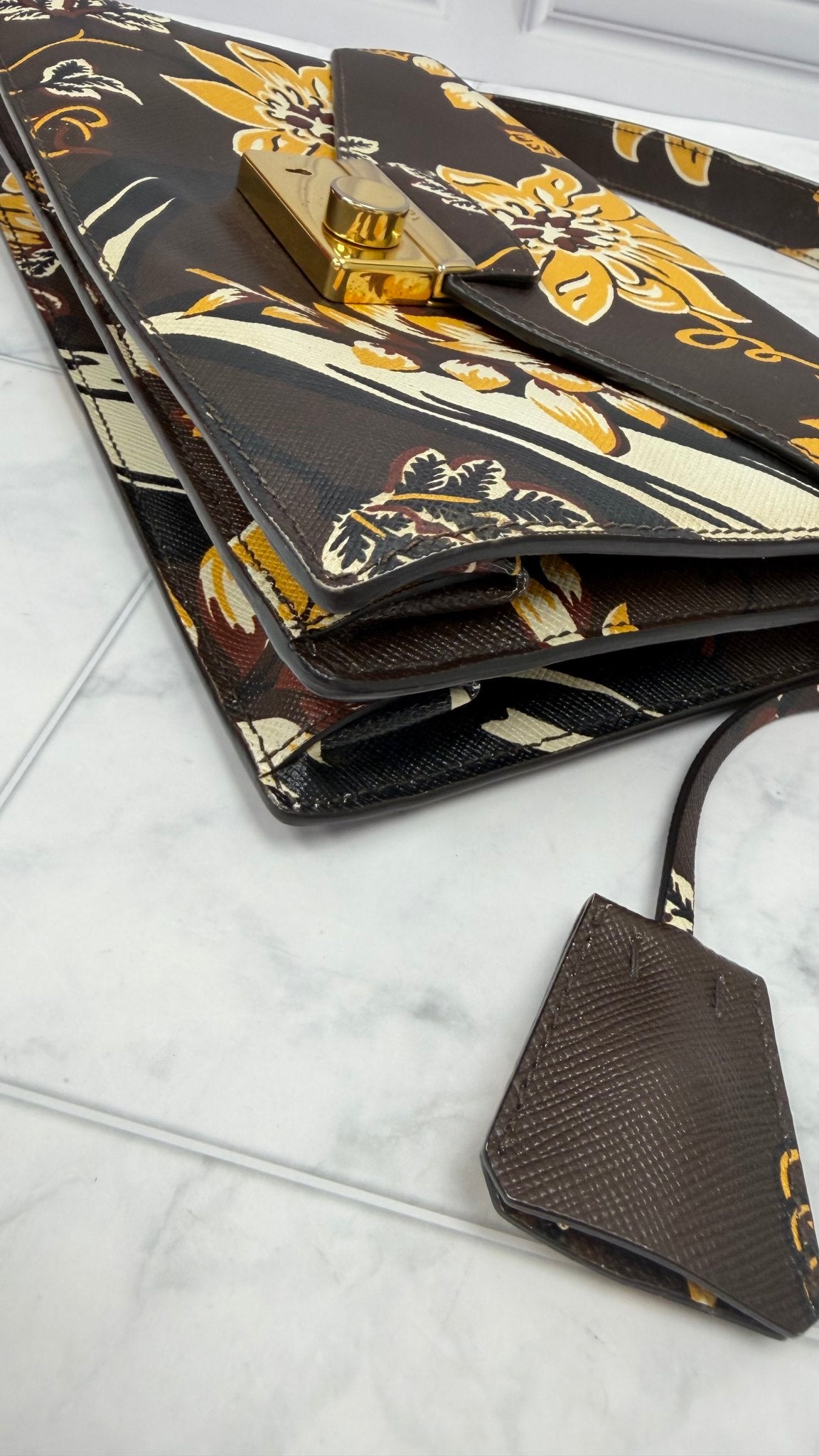 Prada Brown & Yellow Printed Floral Saffiano Leather Shoulder Bag