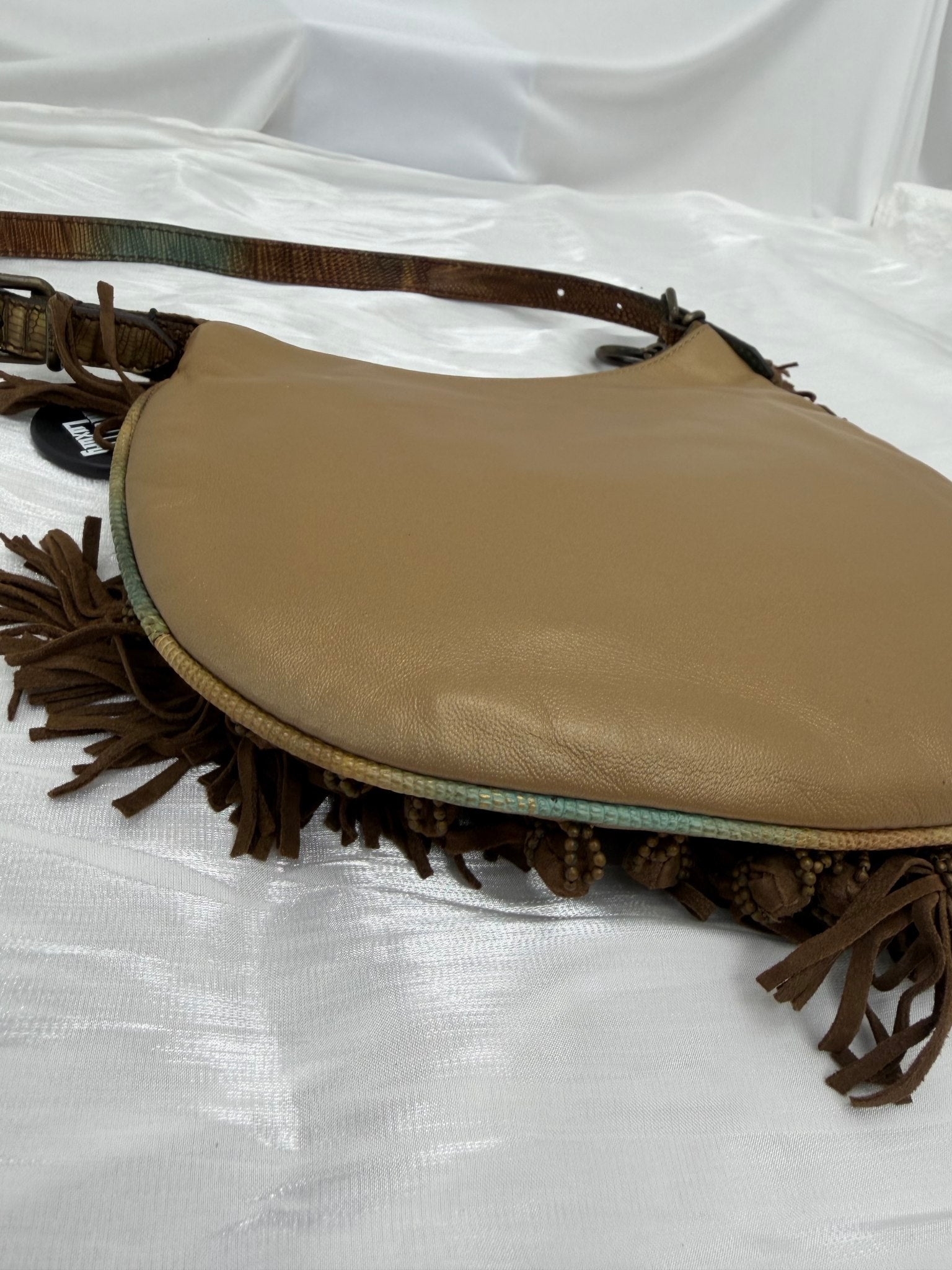 Fendi Brown Suede & Lizard Oyster Beaded Fringe Hobo Bag