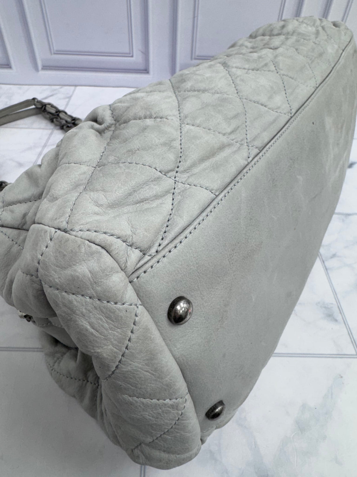 Chanel Gey Quilted Iridescent Calfskin Leather Chic Quilt Large Bowling Bag