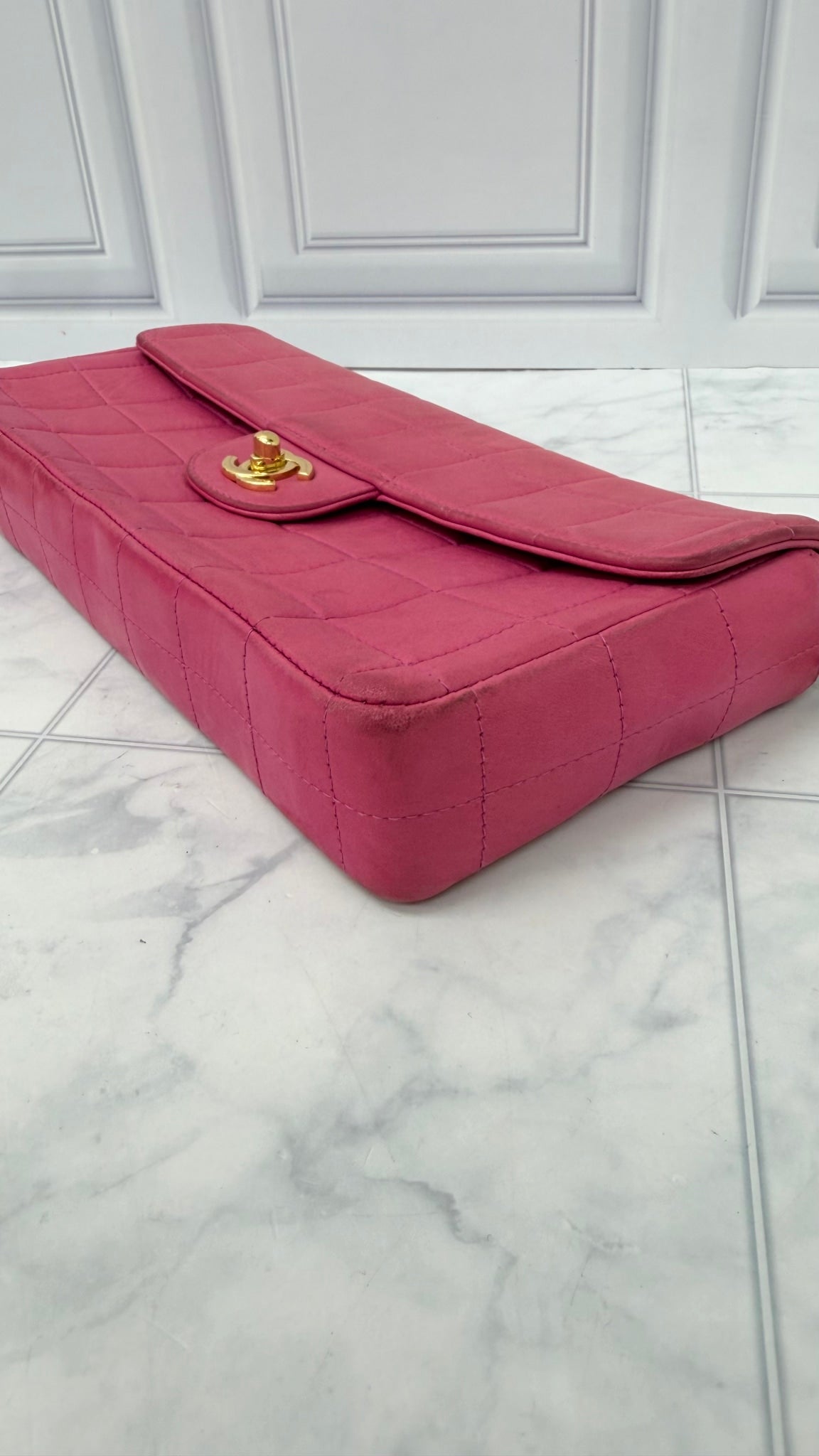 Chanel Hot Pink Lambskin Leather Chocolate Bar East West Flap Shoulder Bag