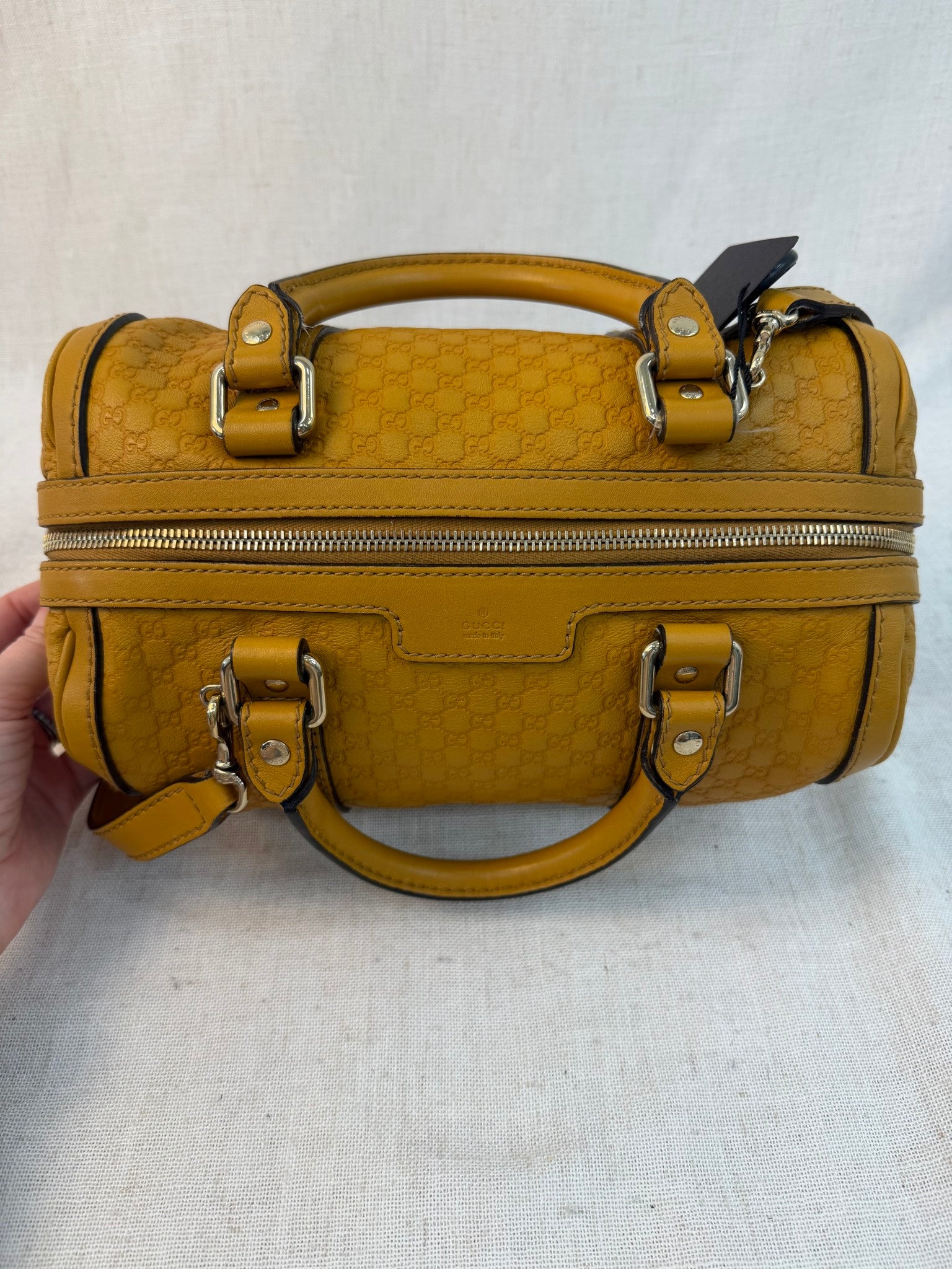 Gucci Mustard Yellow Leather Microguccissima Boston Bag