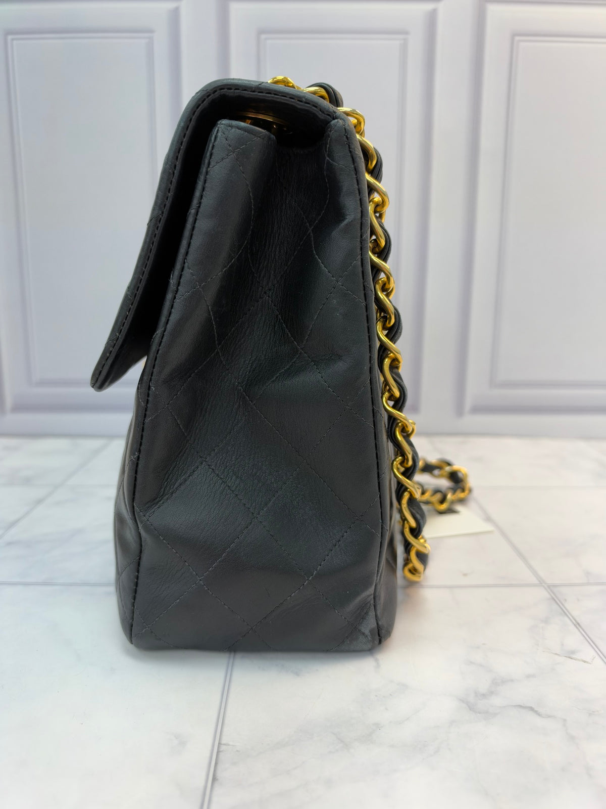 Chanel Black Lambskin And 24K Gold Plated Jumbo XL Maxi Flap Handbag