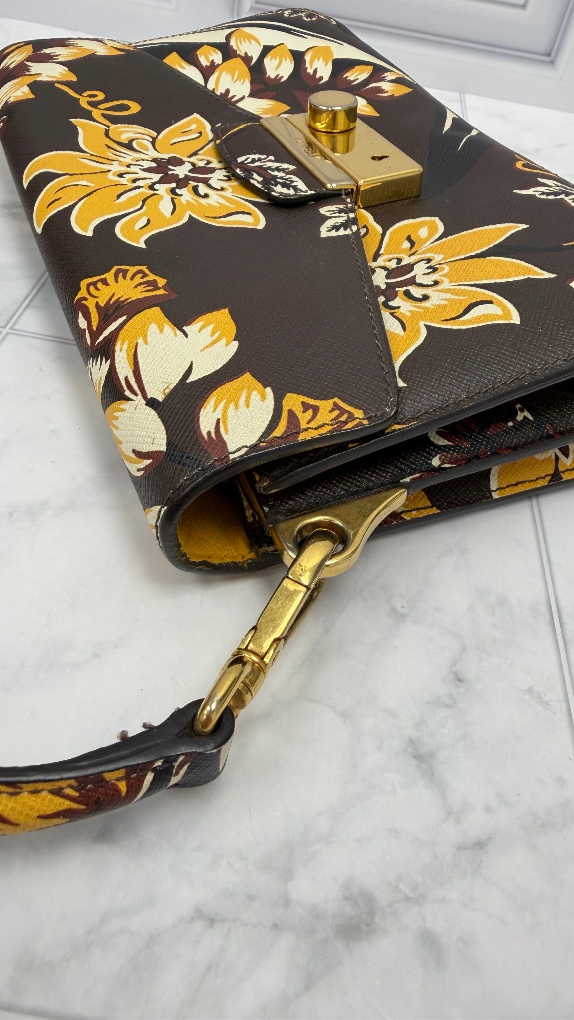 Prada Brown & Yellow Printed Floral Saffiano Leather Shoulder Bag