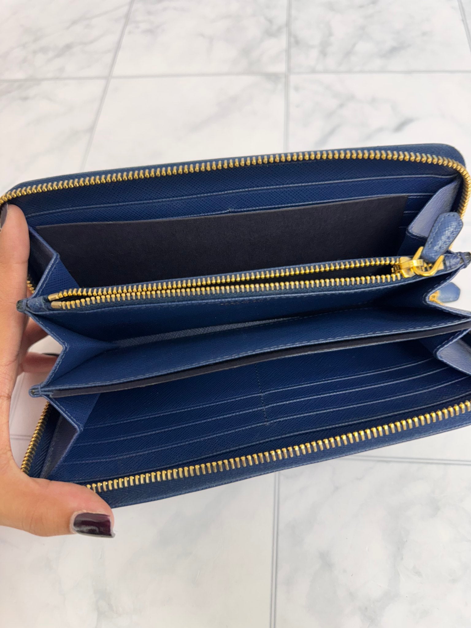 Prada Blue Saffiano Leather Long Zippy Wallet