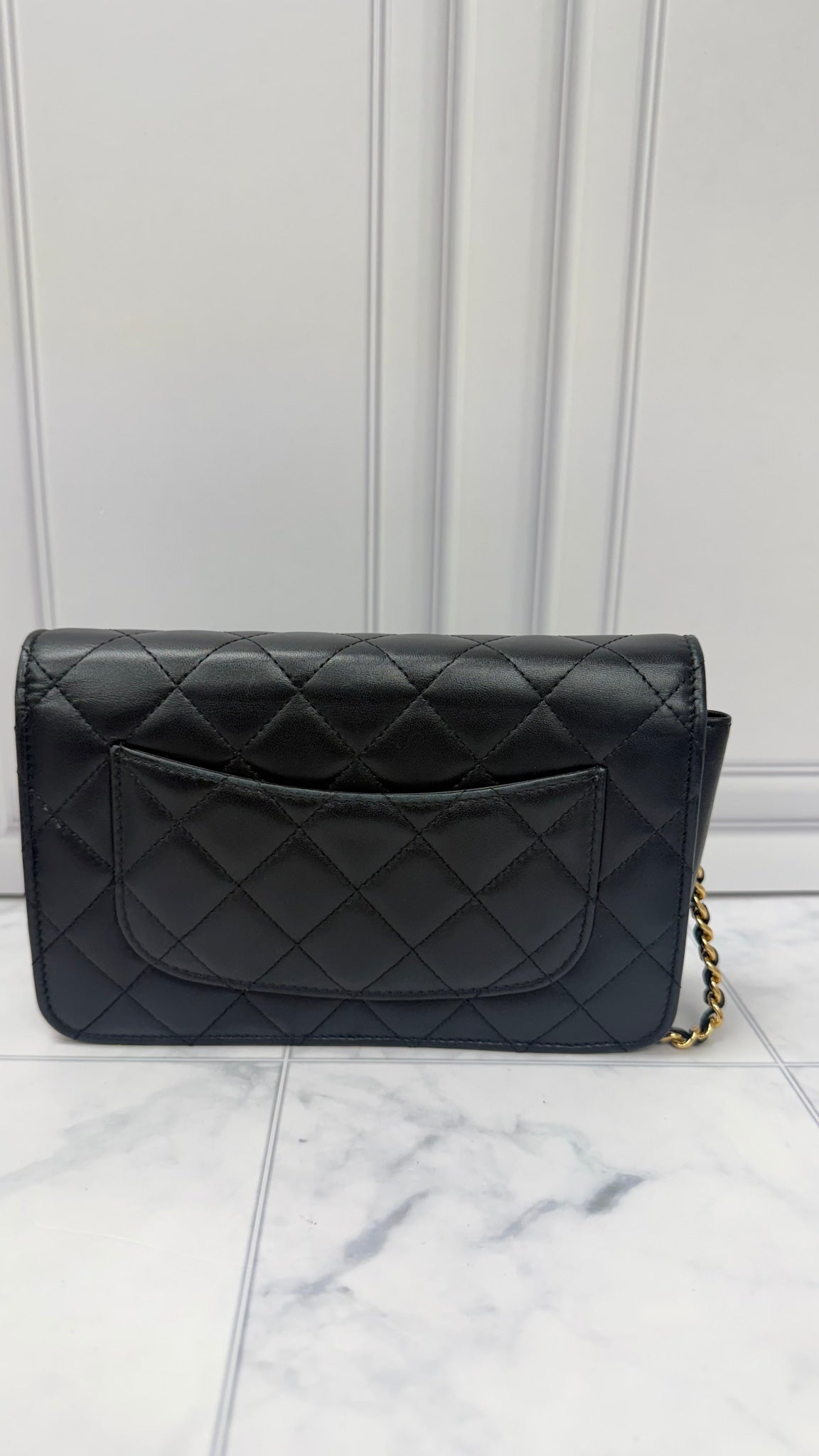 Chanel Black Lambskin Leather Wallet On A Chain