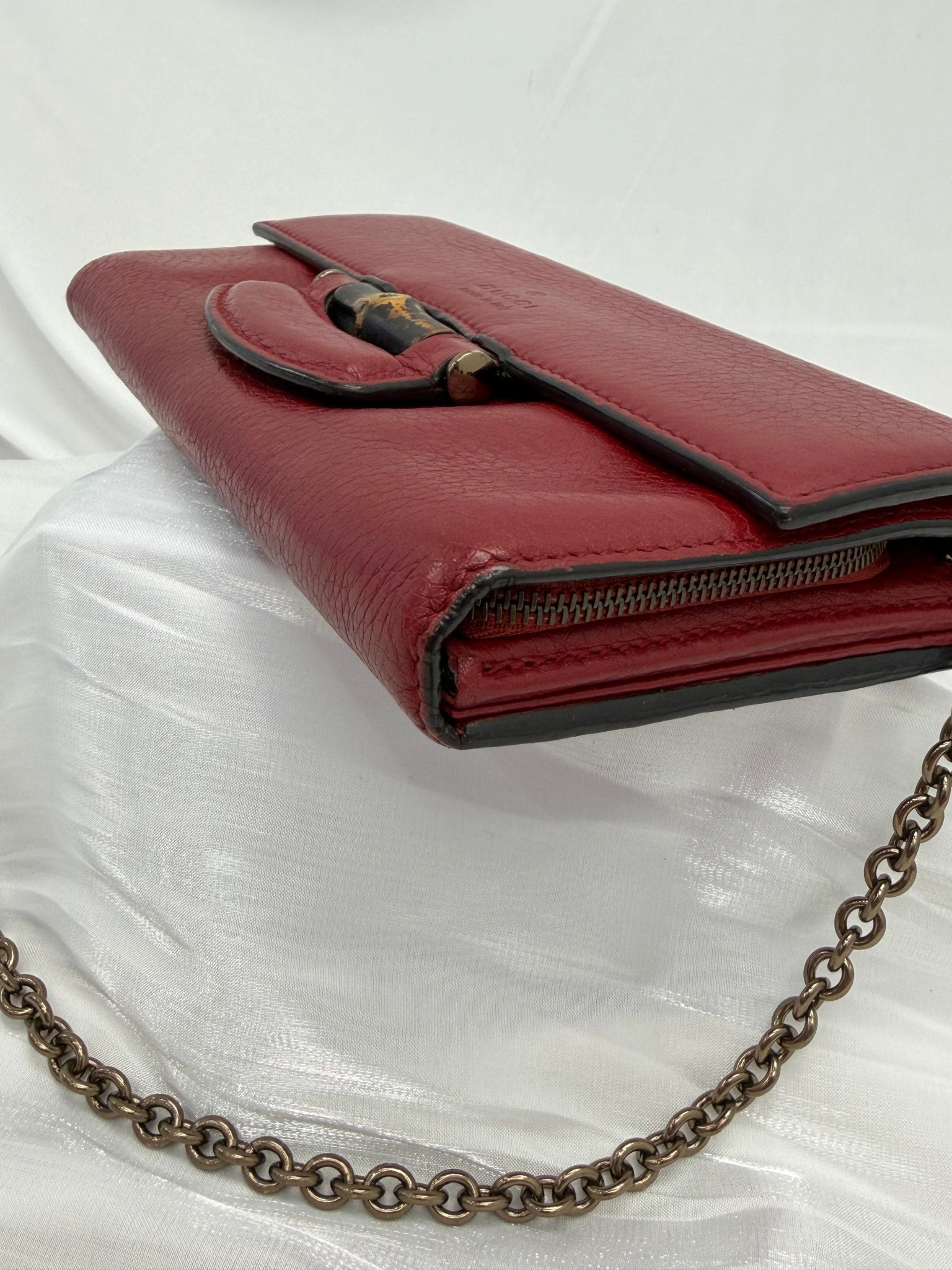 Gucci Red Leather Bamboo Wallet on a Chain