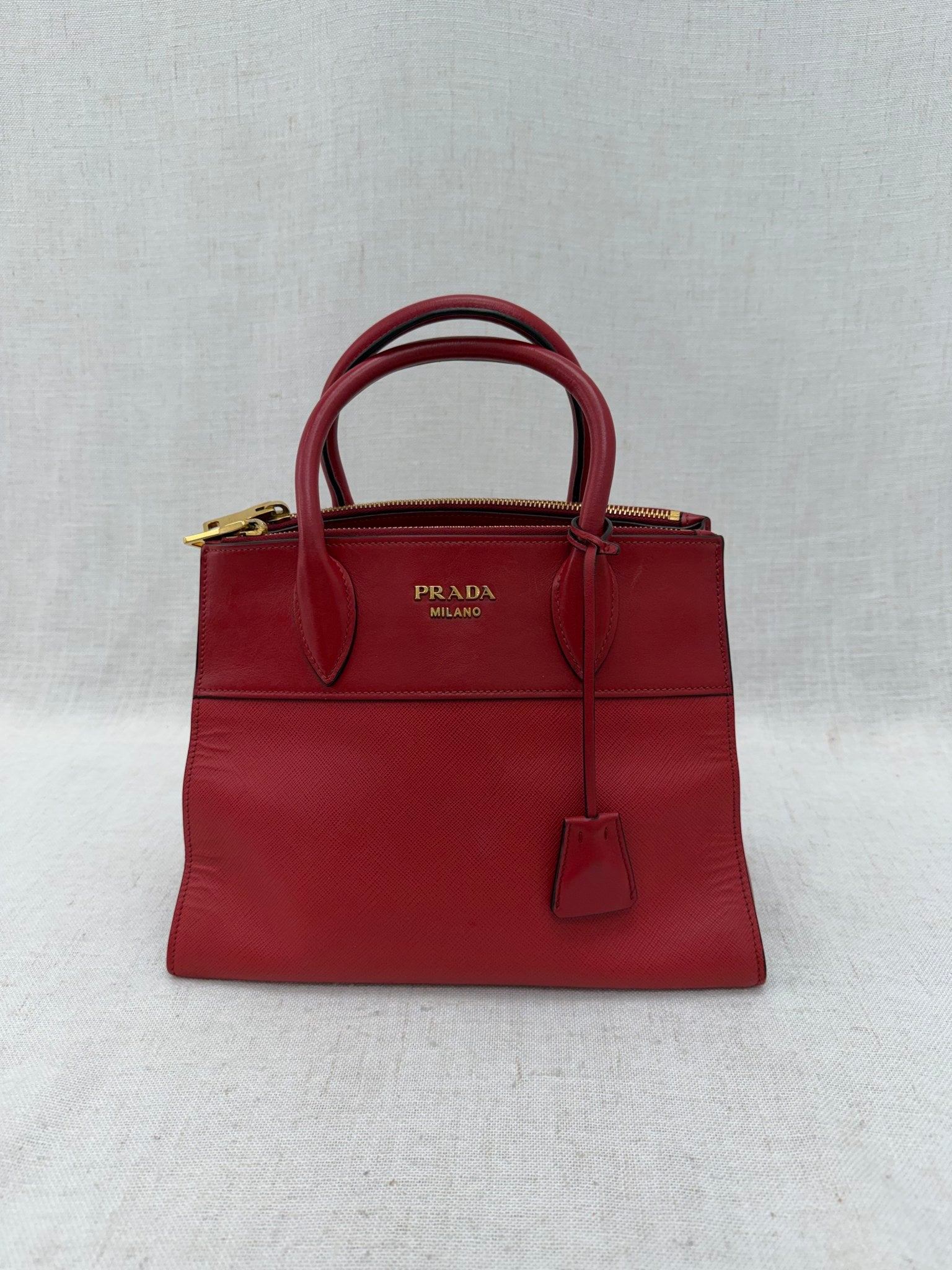 Prada Red Saffiano Leather 2way Double Zip Tote