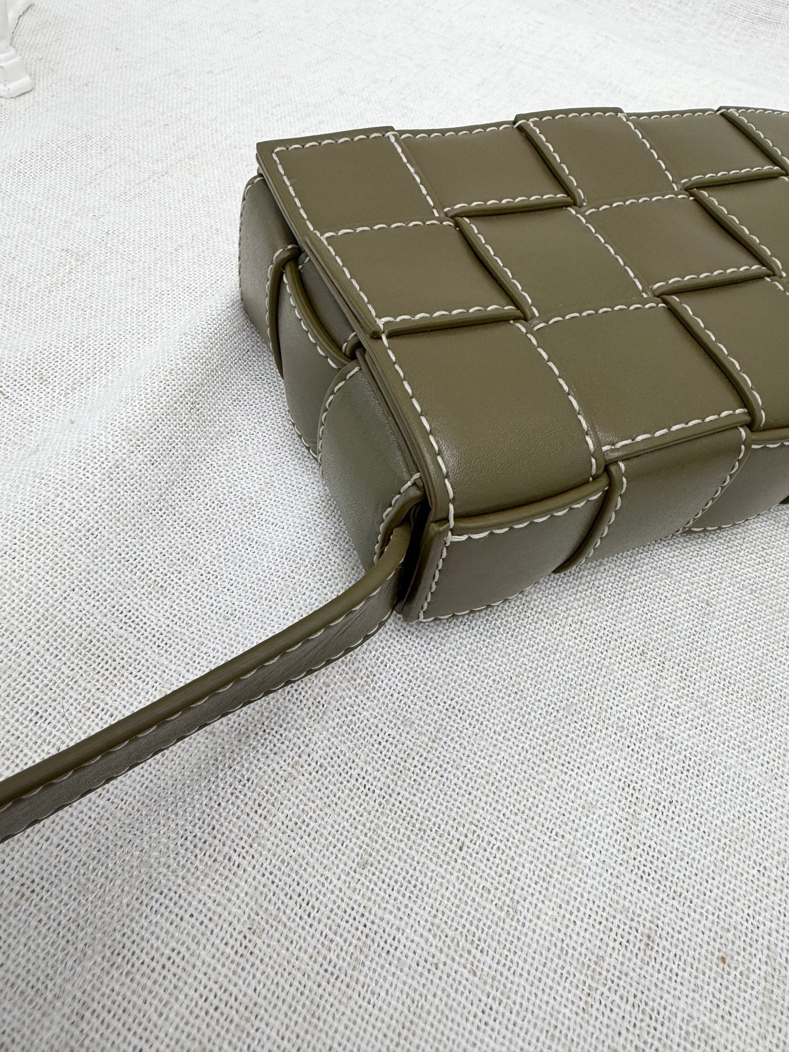 BRAND NEW- Bottega Veneta Olive Green Intracciato Leather Small Stitched Cassette Crossbody