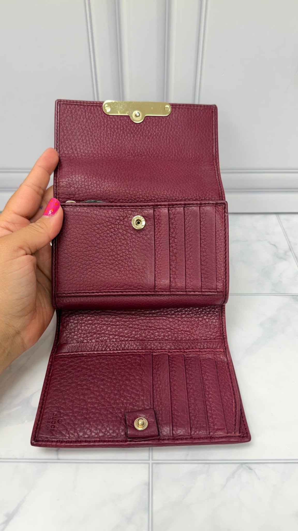 Gucci Burgundy Grained Leather Bamboo Trifold Wallet