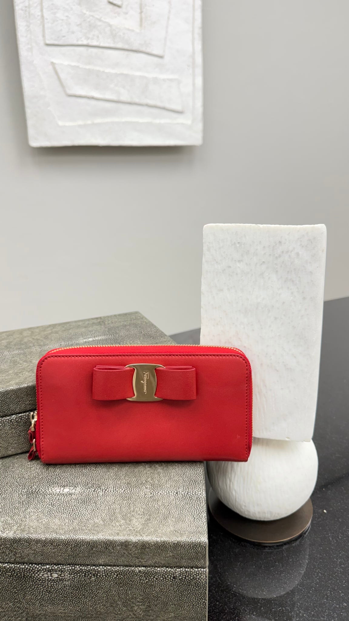 Salvatore Ferragamo Red Leather Vara Ribbon Zippy wallet