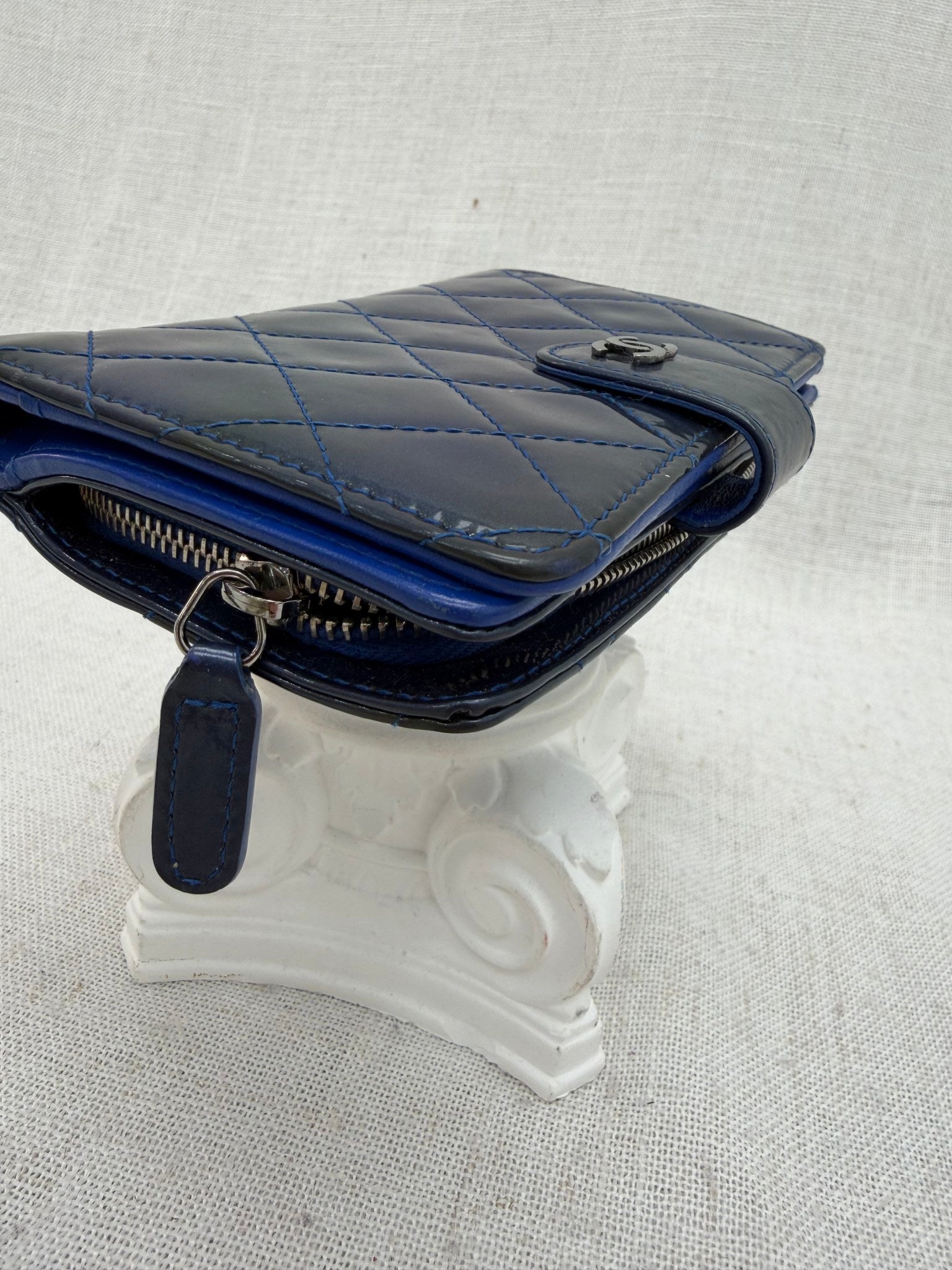 Chanel Blue Quilted Patent Leather Compact Wallet