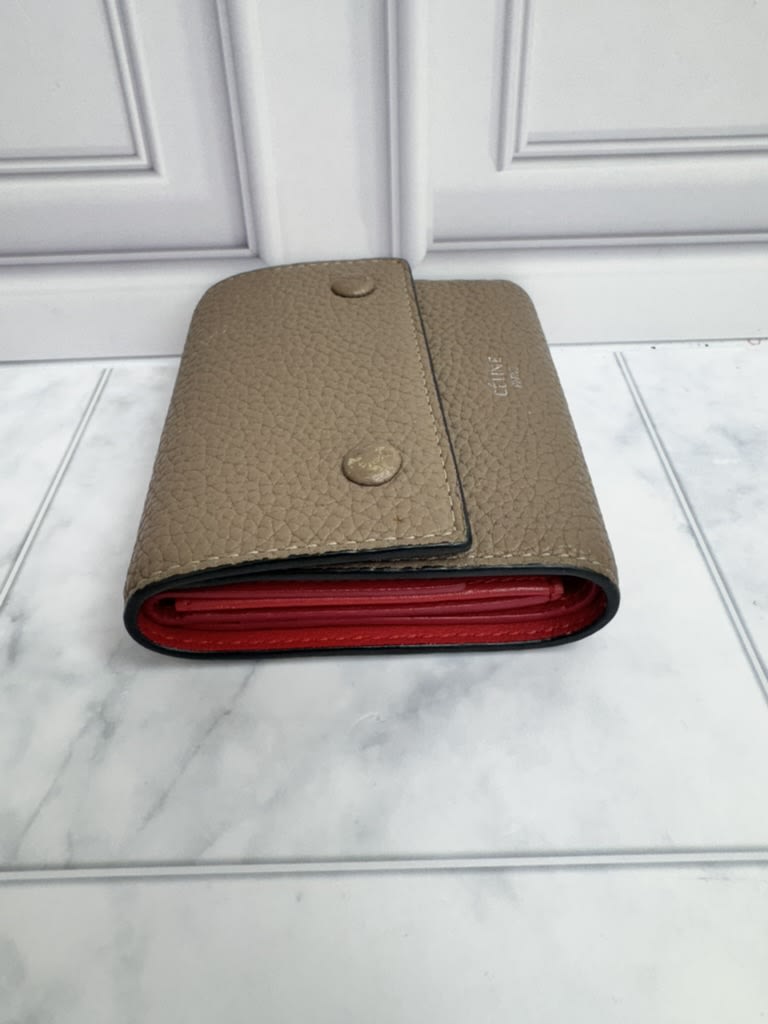 Celine Taupe And Red Pebbled Leather Compact Wallet