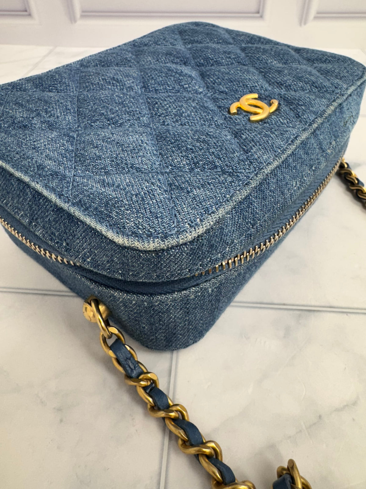 Chanel Quilted Denim Pearl Crush Mini Camera Bag