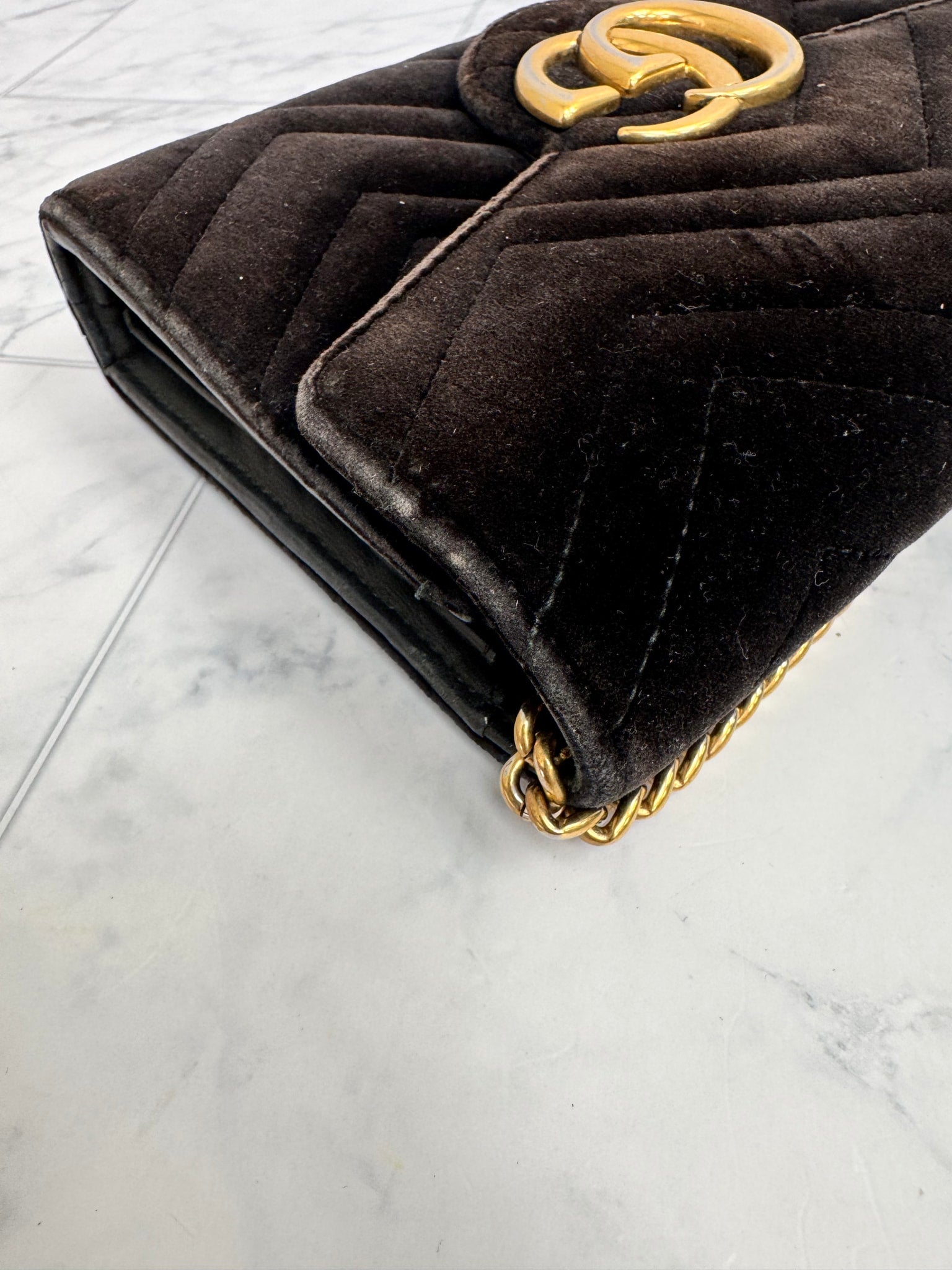 Gucci Black Chevron Quilted Velvet GG Marmont Crossbody Bag