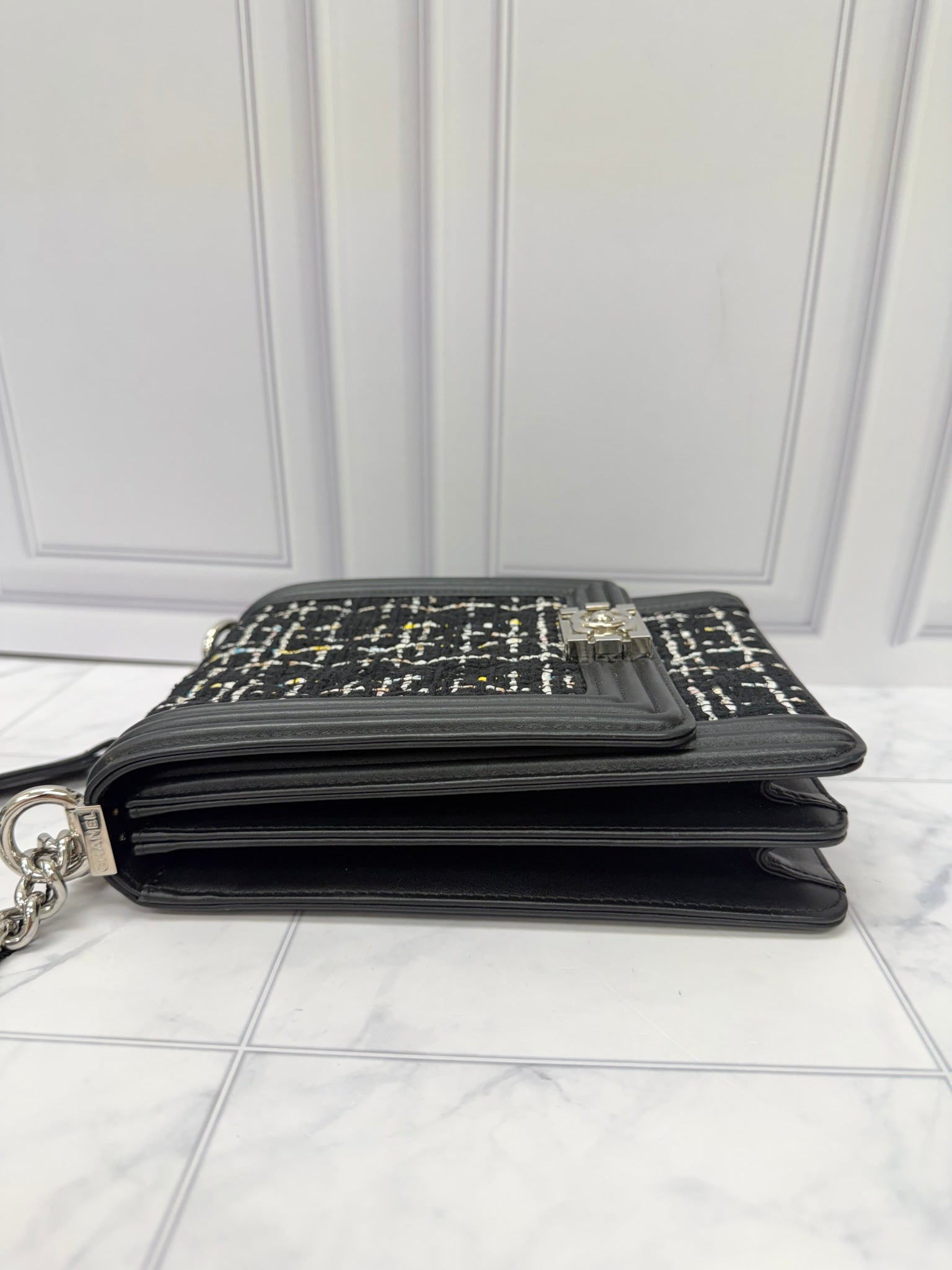 Chanel Black Tweed North South Boy Flap Bag