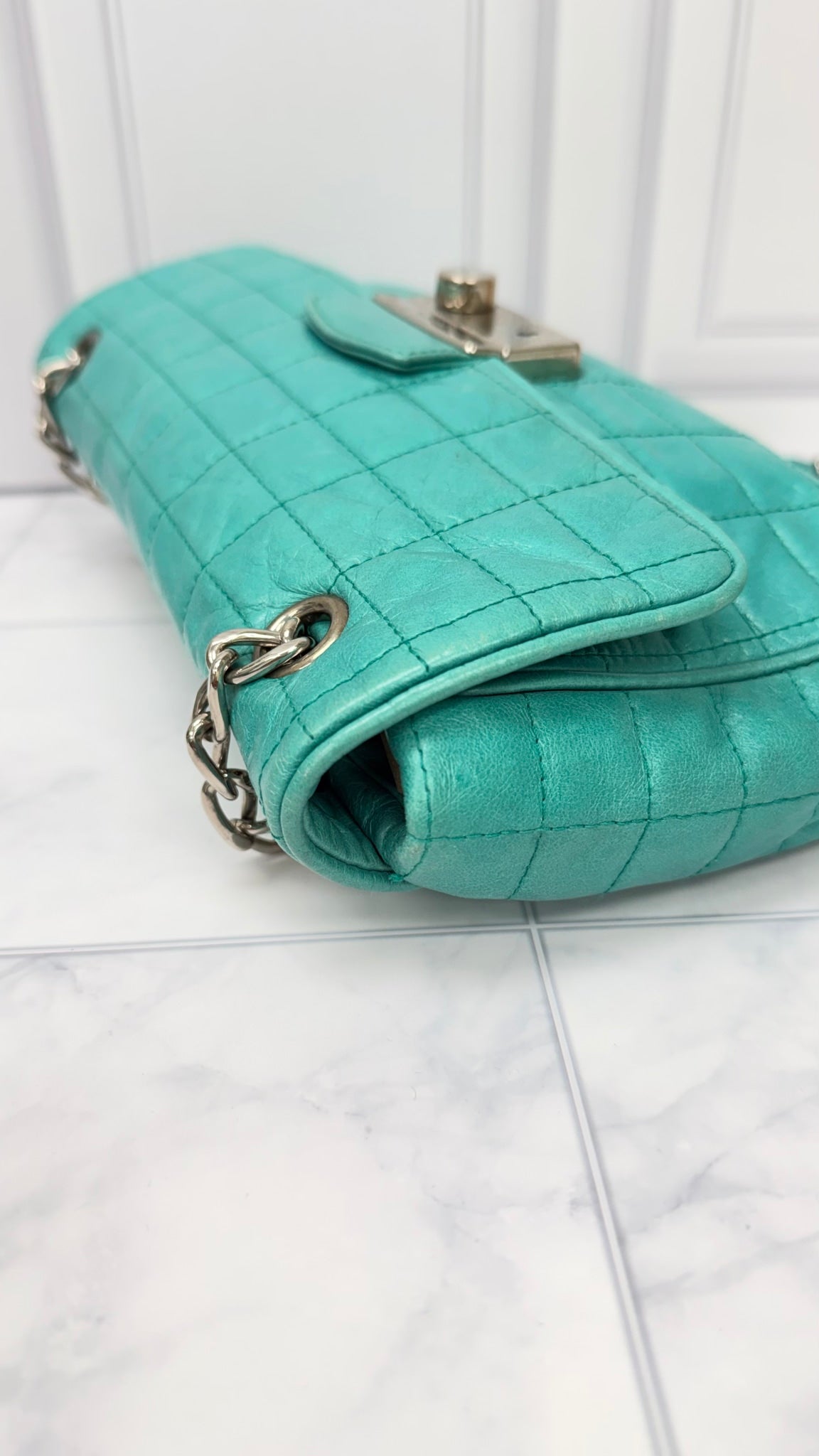 Prada Blue Teal Nappa Leather Chain Flap Shoulder Bag