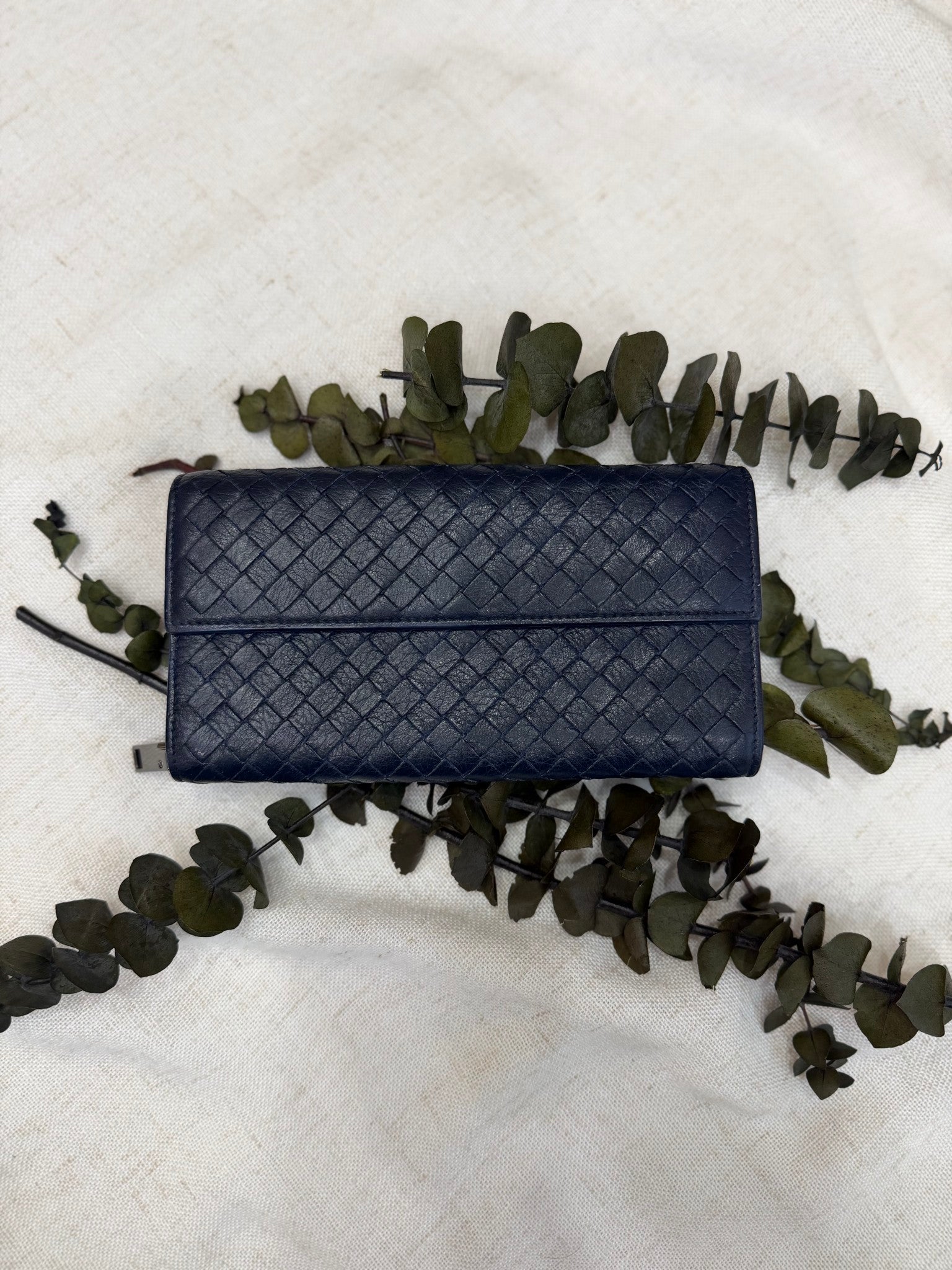 Bottega Veneta Blue Leather Intrecciato Long Wallet