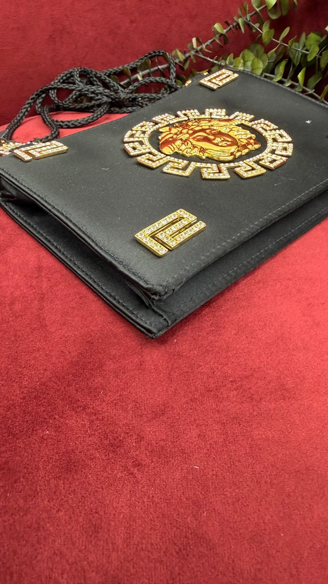 Versace Gianni Vintage 1992 Black Satin Gold Rhinestone Medusa Bag