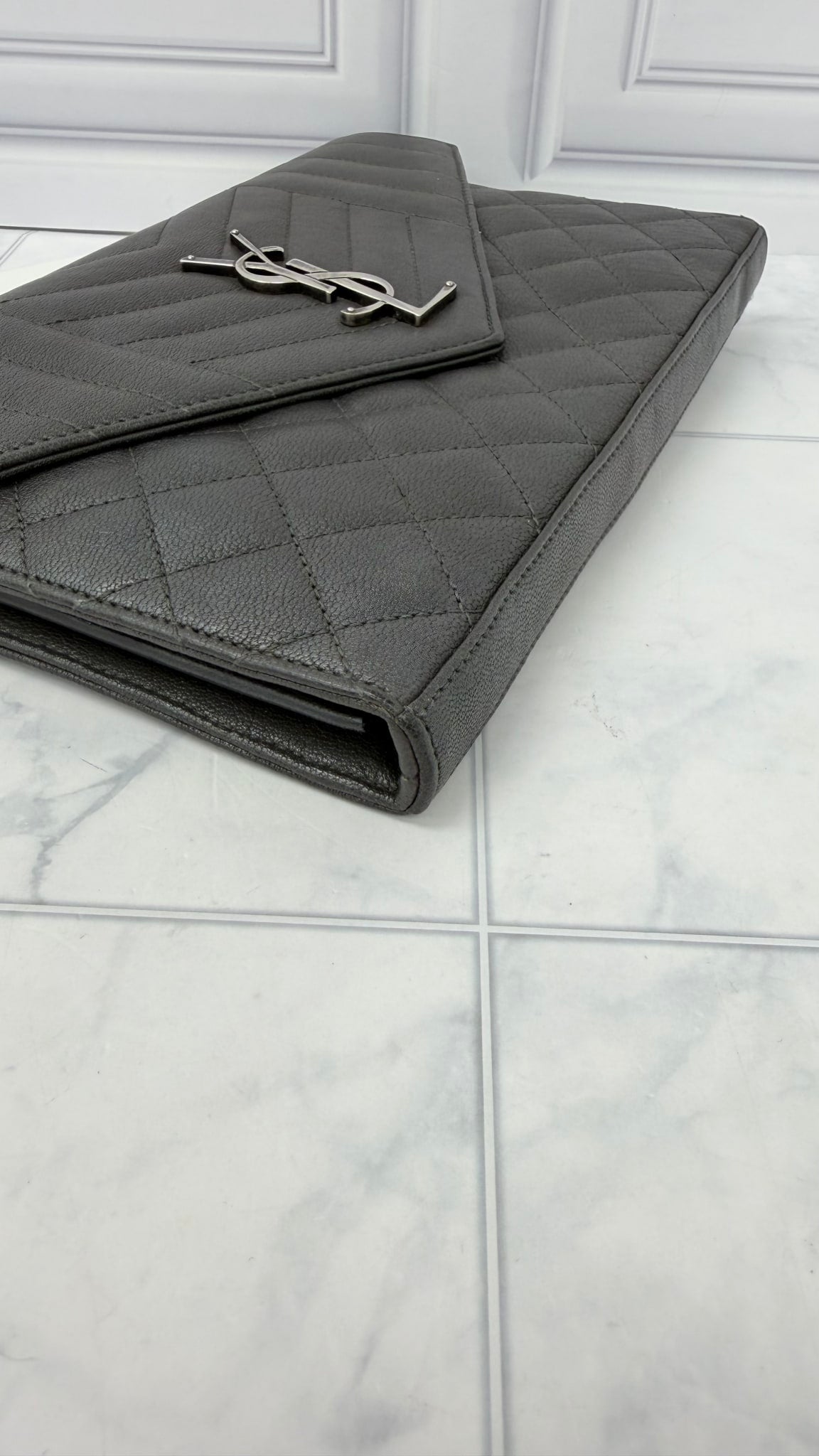 Saint Laurent YSL Grey Grained Leather Envelope Wallet On A Chain