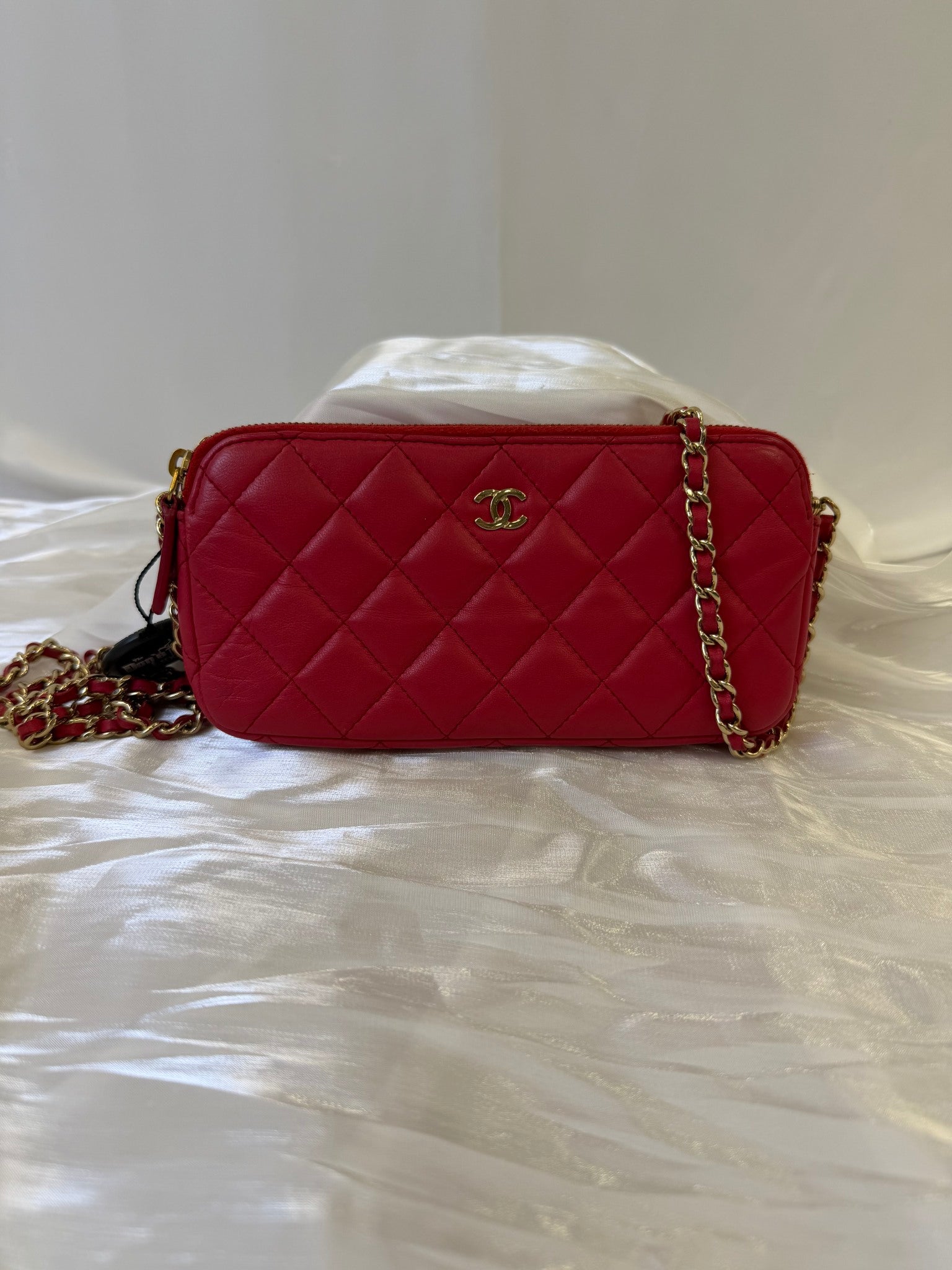 Chanel Red Lambskin Double Zippy Wallet On Chain