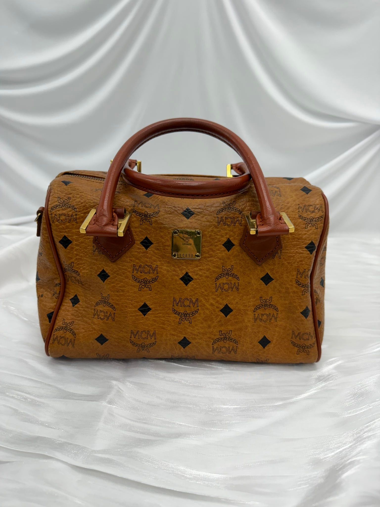 MCM Cognac Visetos Coated Canvas Boston Bag