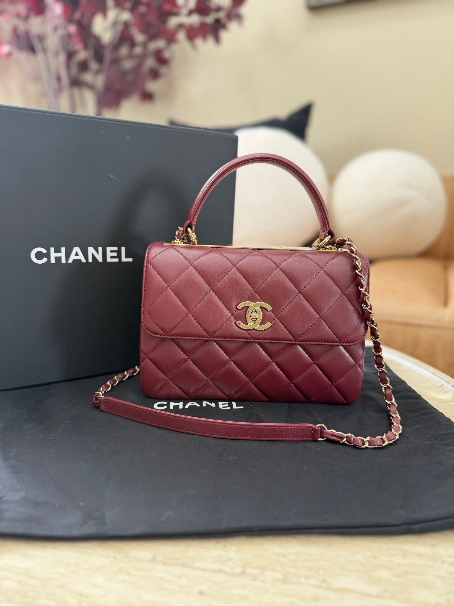 BRAND NEW- Chanel Oxblood Quilted Lambskin Small Trendy CC Top Handle Flap Bag