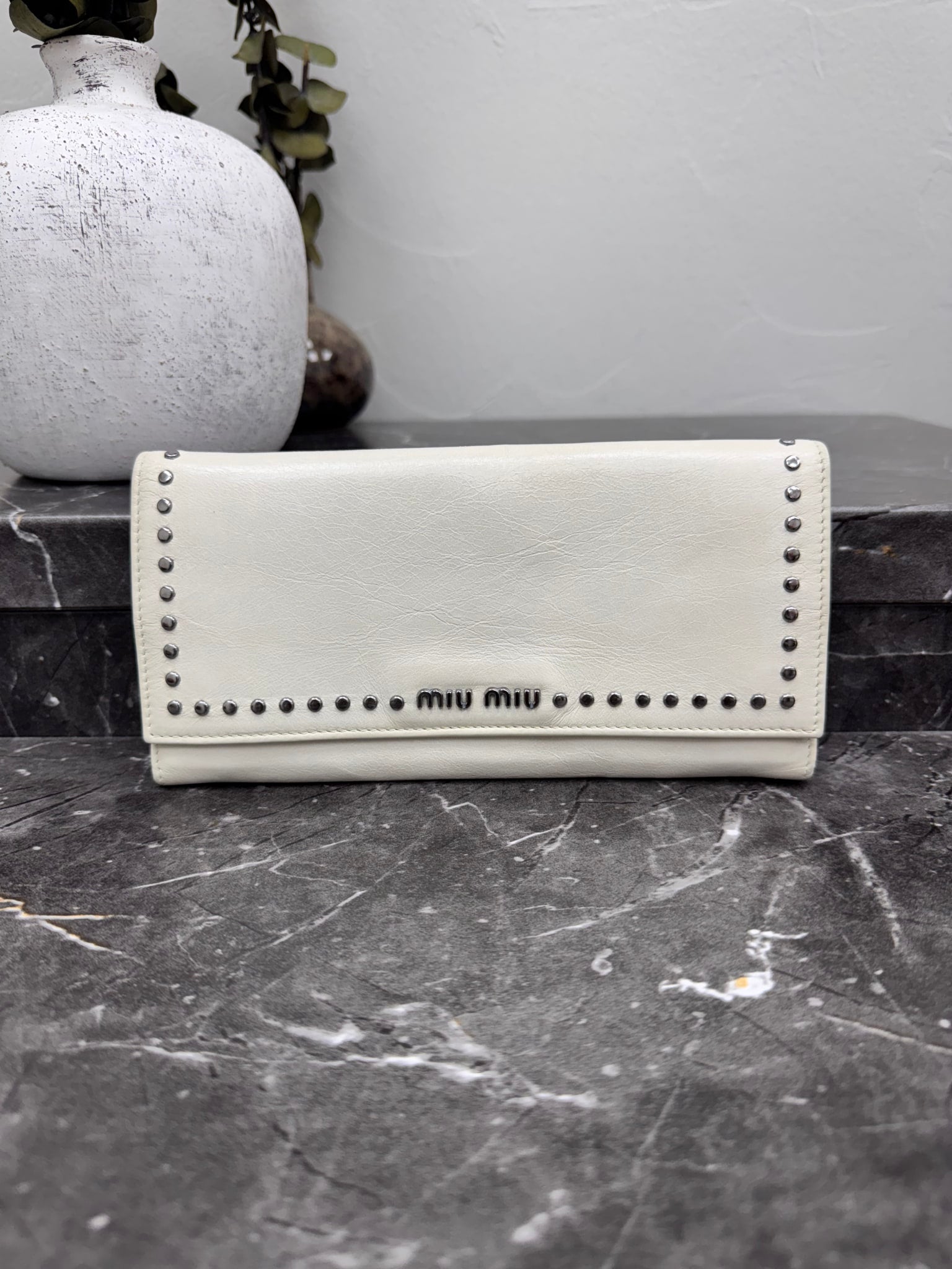 MIUMIU Off White Leather Studded Long Wallet