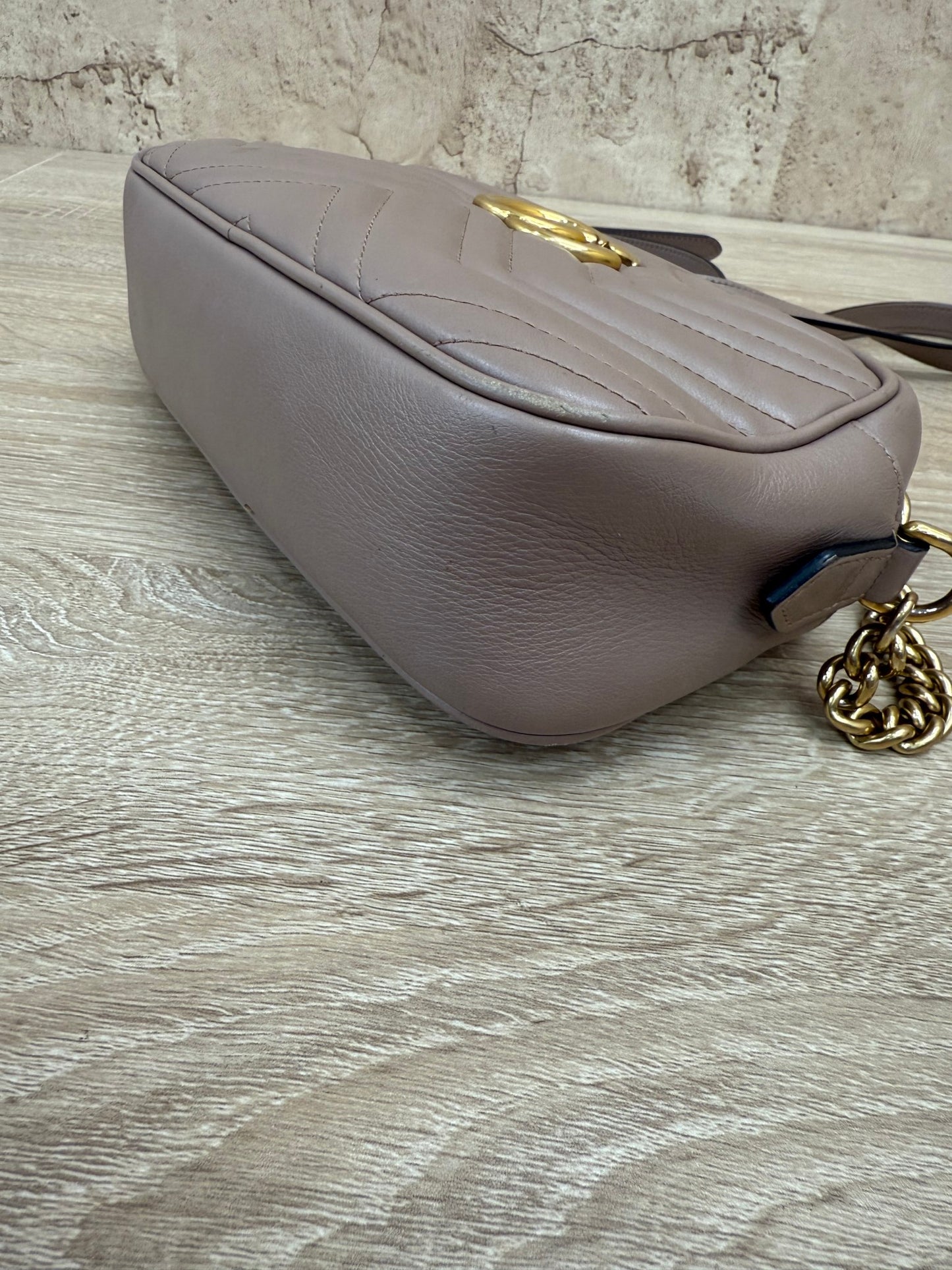 Gucci Porcelain Rose Calfskin Small Marmont Chain Shoulder Bag