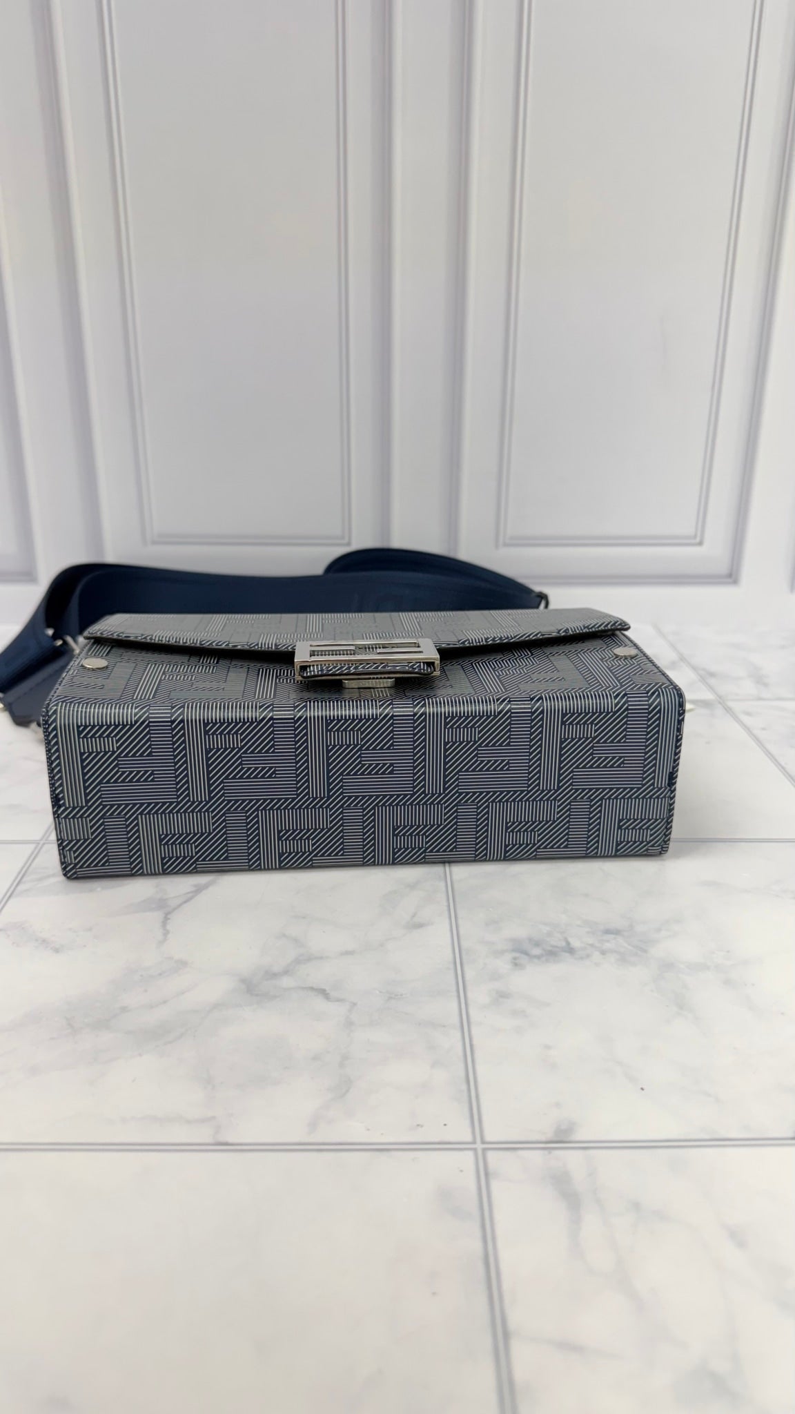 Fendi Navy Blue Leather Baguette Soft Trunk Crossbody Bag
