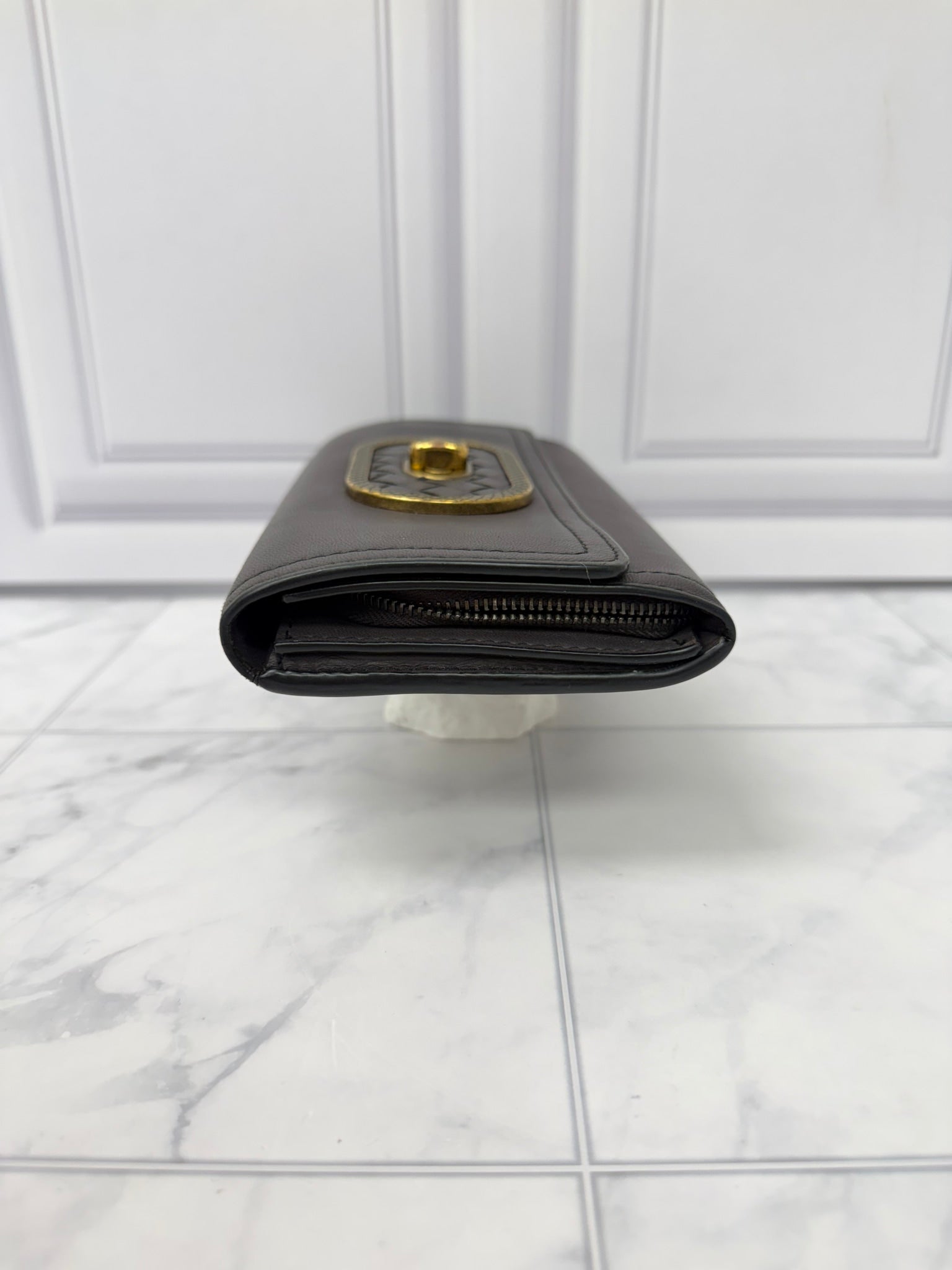Bottega Veneta Plum Intrecciato Lambskin Leather Turnlock Wallet