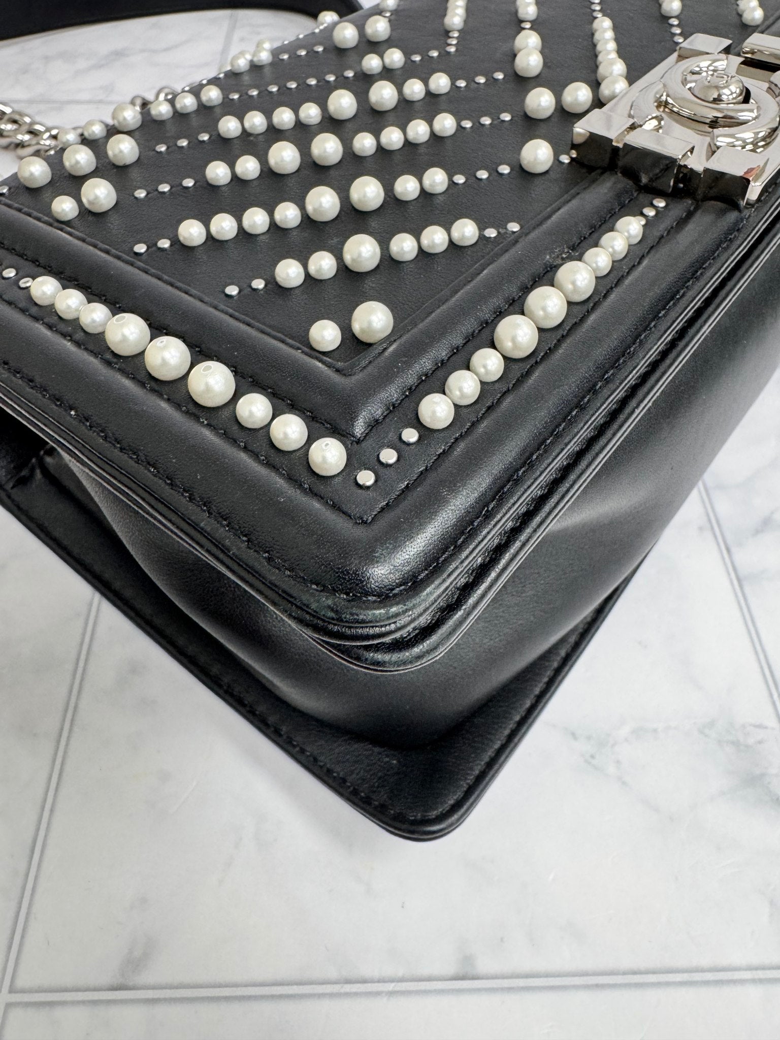 Chanel Black Chevron Pearls Medium Boy Flap Bag