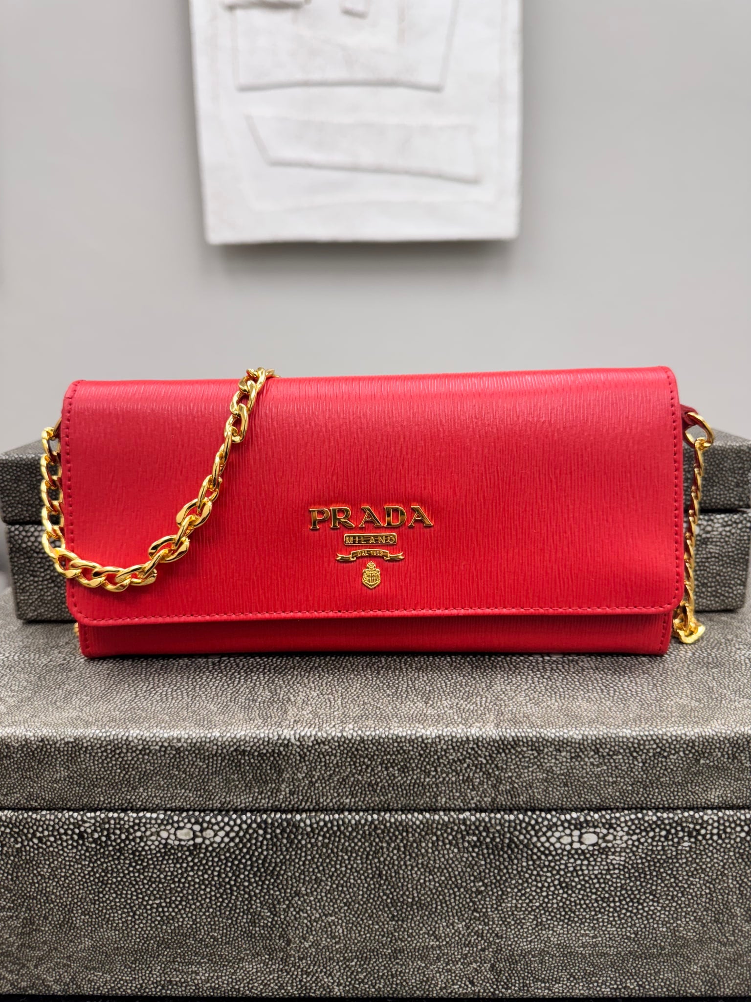 Prada Red Saffiano Leather Wallet On A Chain